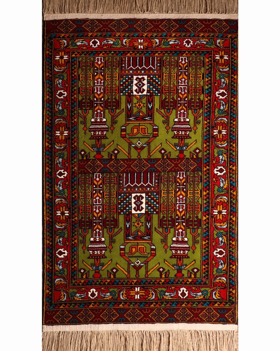 Olive Green & Crimson Red Handwoven Turkmen Prayer Rug