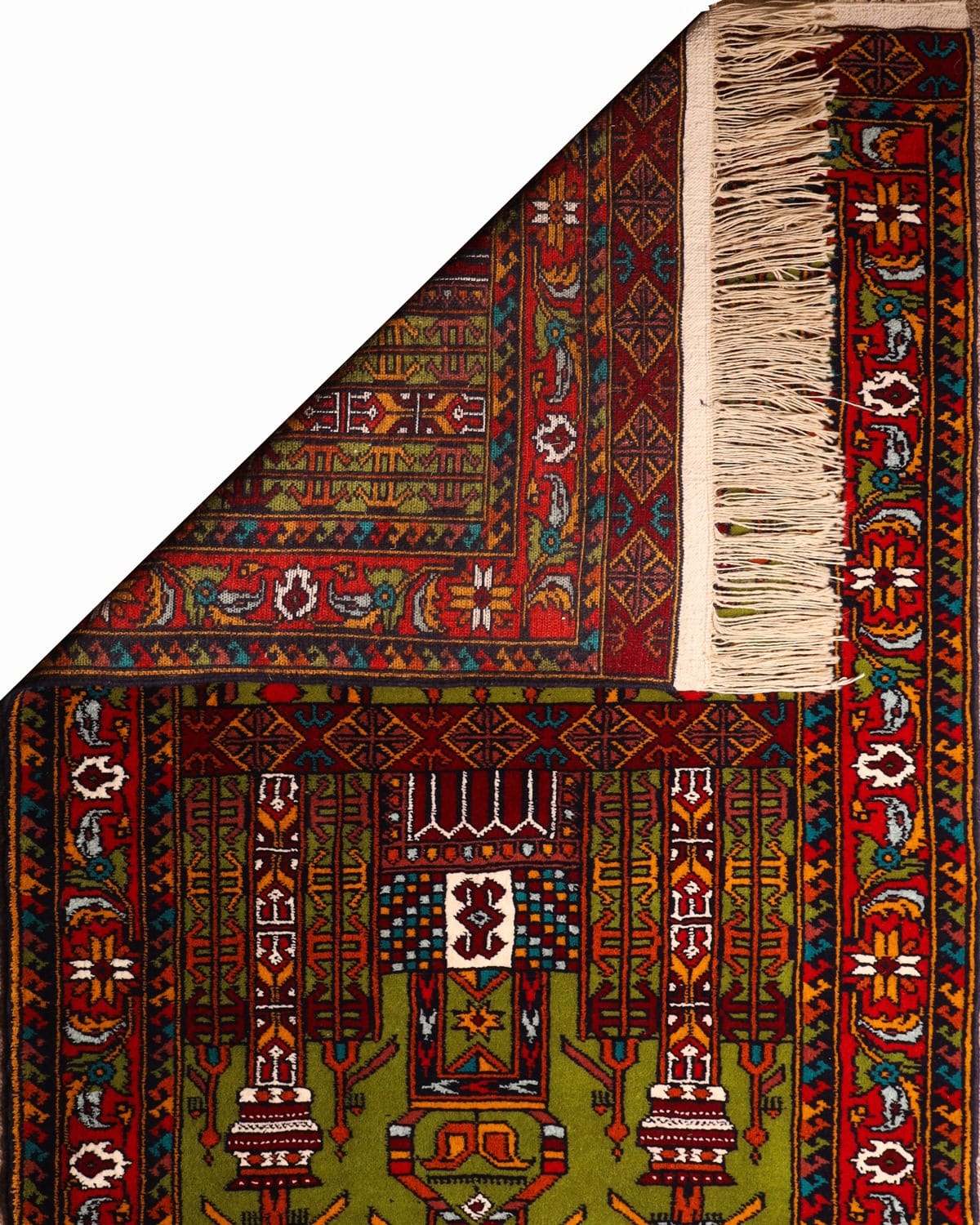 Olive Green & Crimson Red Handwoven Turkmen Prayer Rug