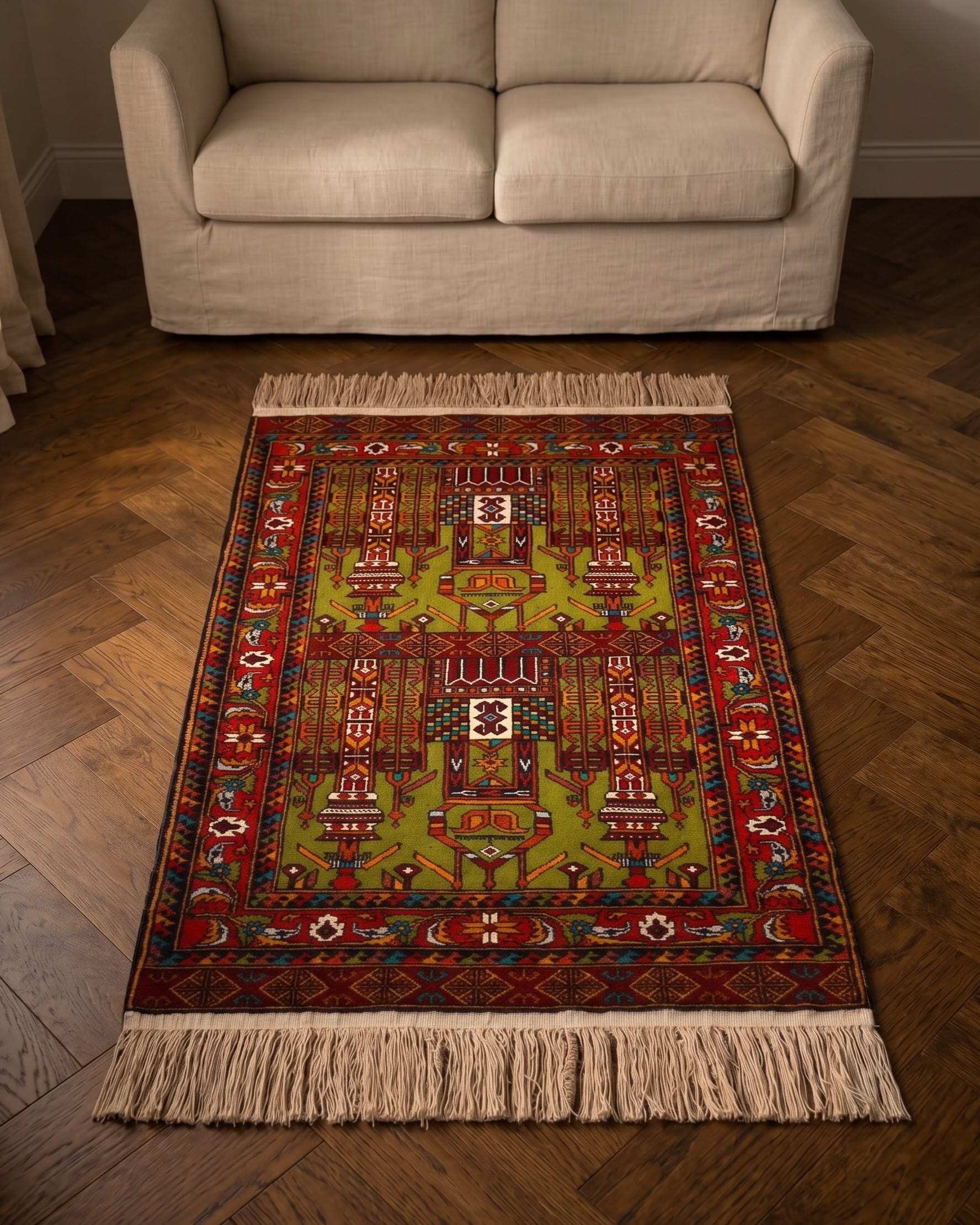 Olive Green & Crimson Red Handwoven Turkmen Prayer Rug