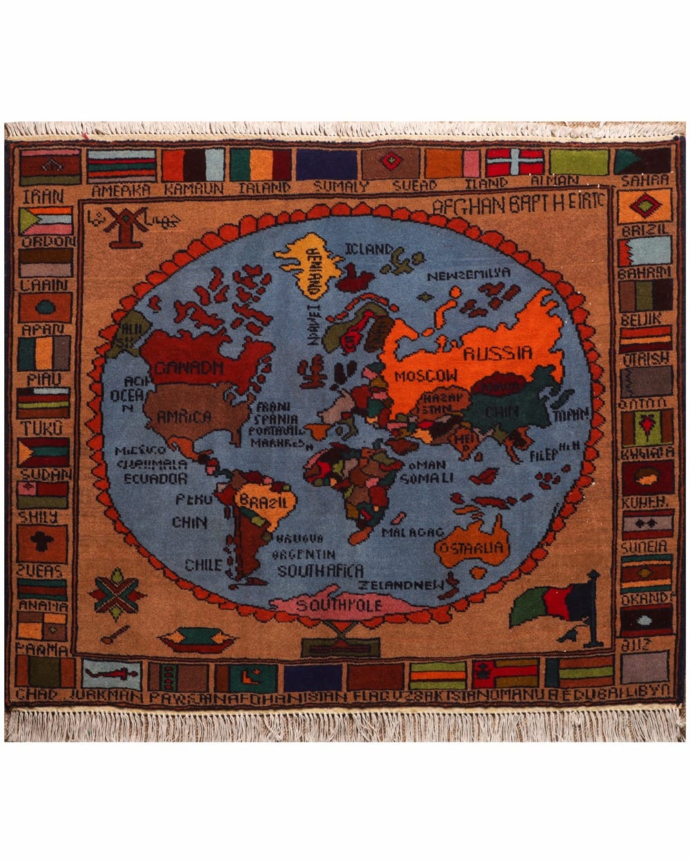 Handwoven World Map Carpet Wall Hanging in Sky Blue & Earth Tones
