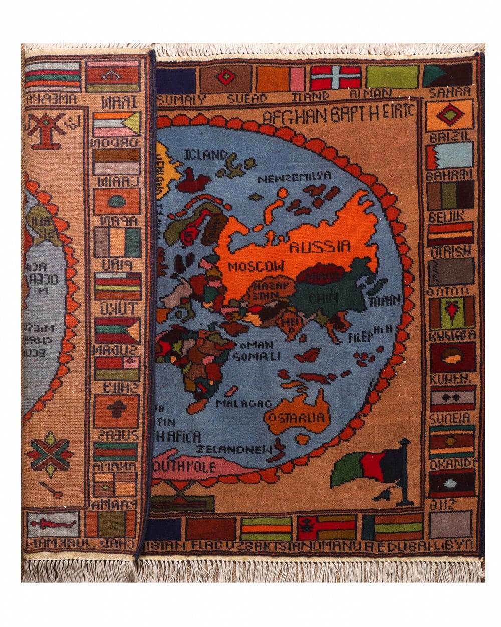 Handwoven World Map Carpet Wall Hanging in Sky Blue & Earth Tones