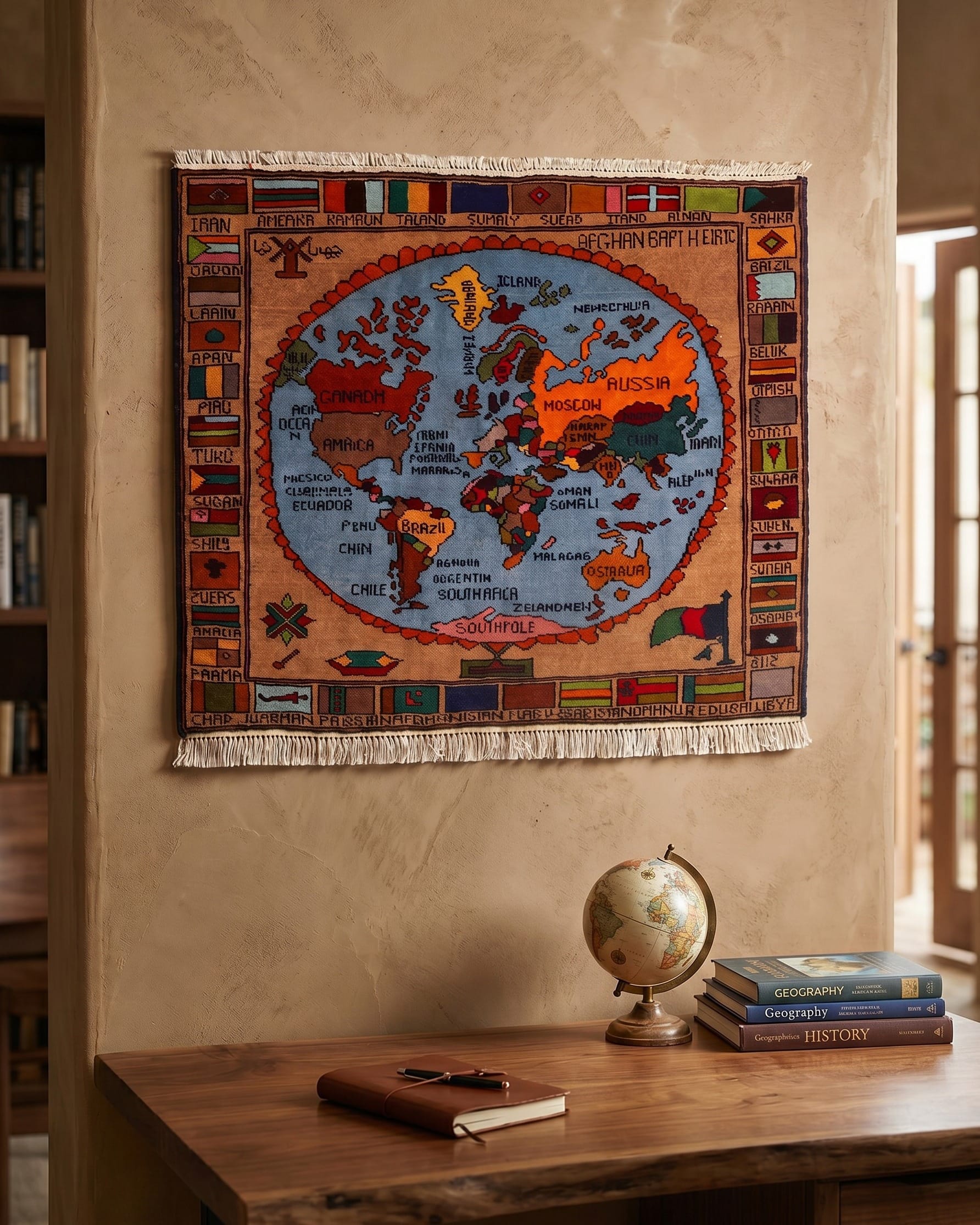 Handwoven World Map Carpet Wall Hanging in Sky Blue & Earth Tones