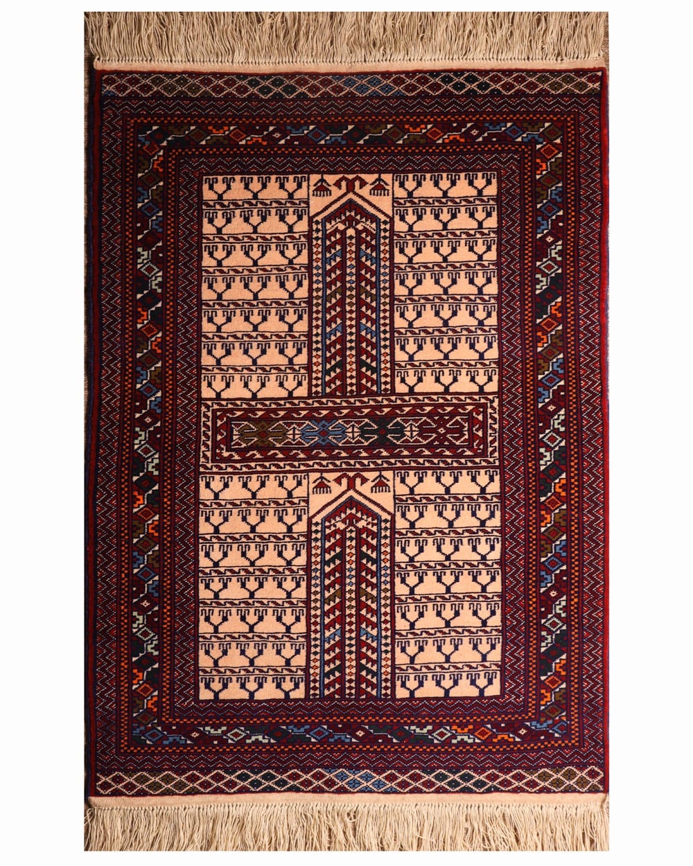 Handwoven Turkmen Glasak Pattern Rug Ivory, Burgundy & Navy