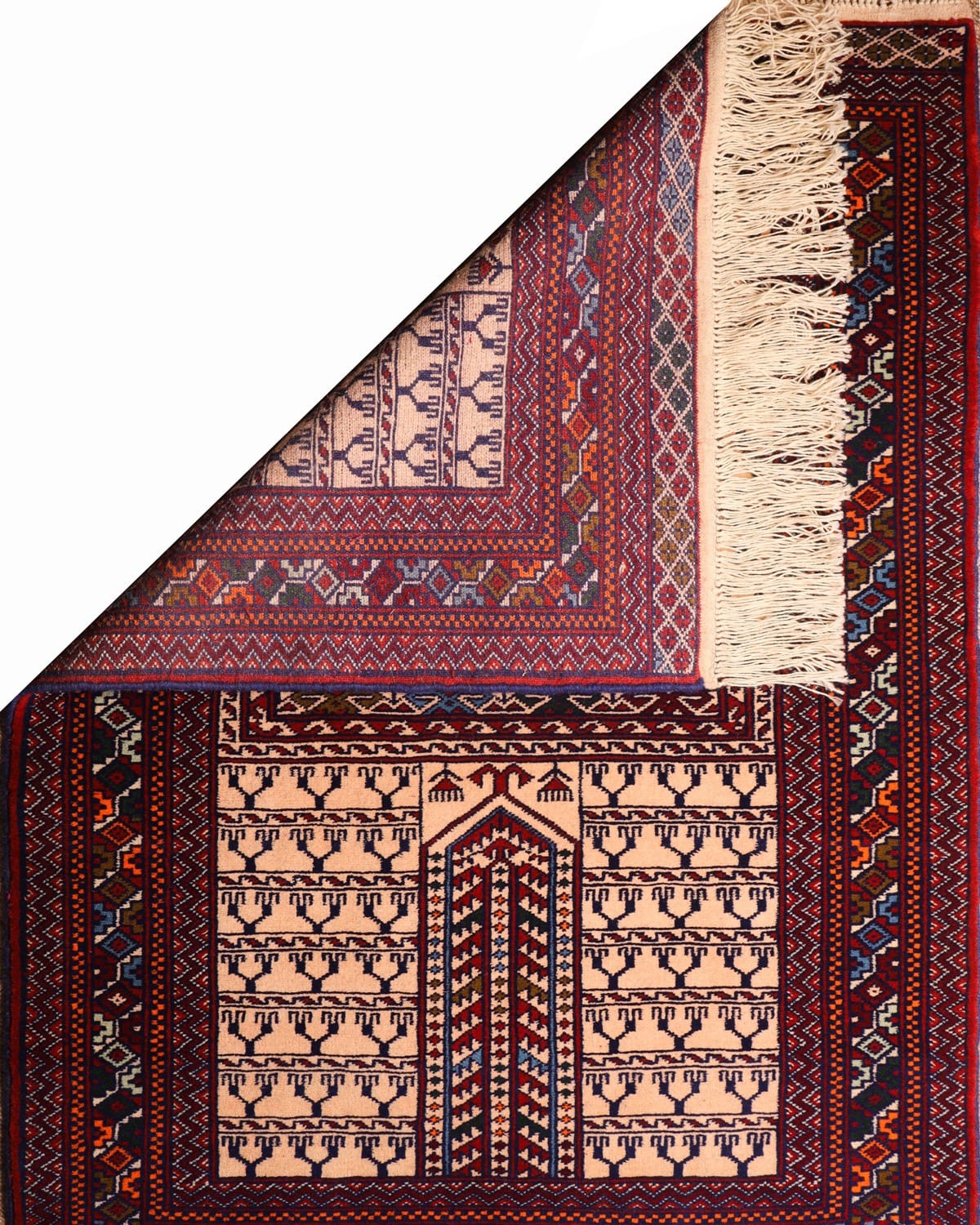 Handwoven Turkmen Glasak Pattern Rug Ivory, Burgundy & Navy