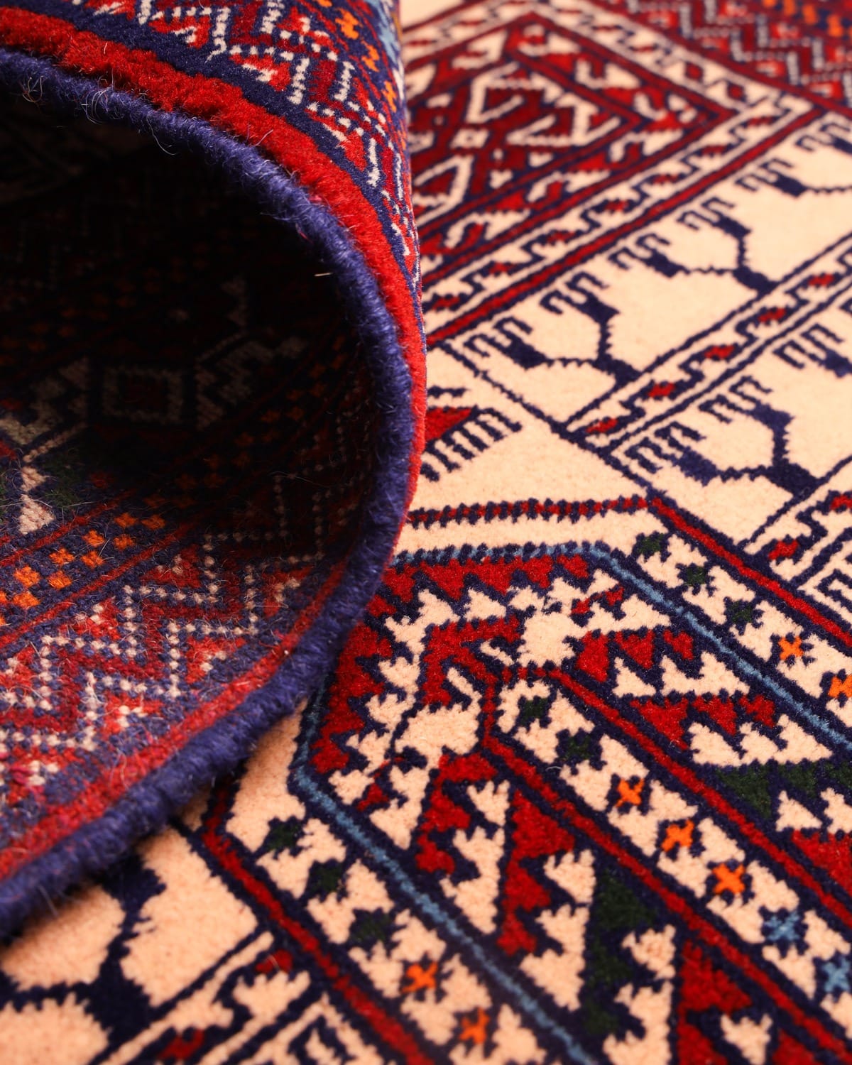 Handwoven Turkmen Glasak Pattern Rug Ivory, Burgundy & Navy