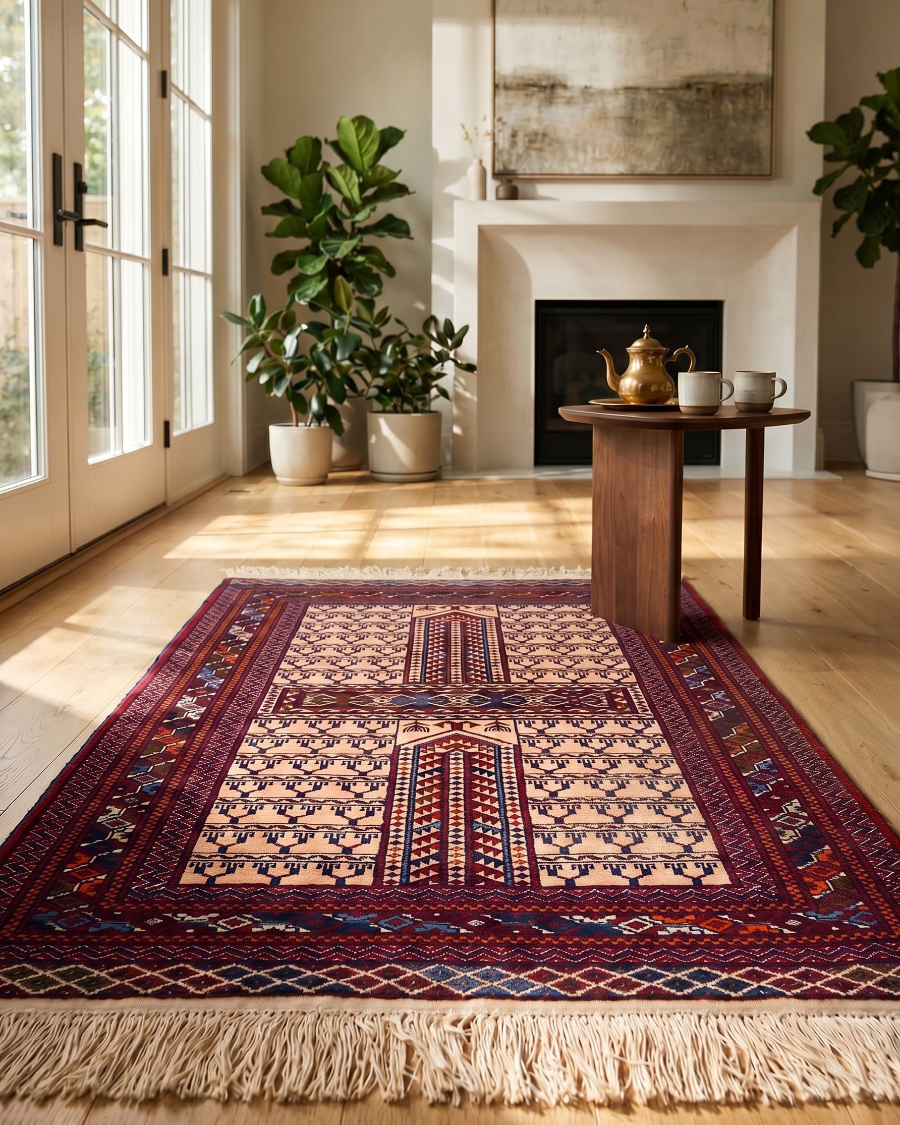 Handwoven Turkmen Glasak Pattern Rug Ivory, Burgundy & Navy
