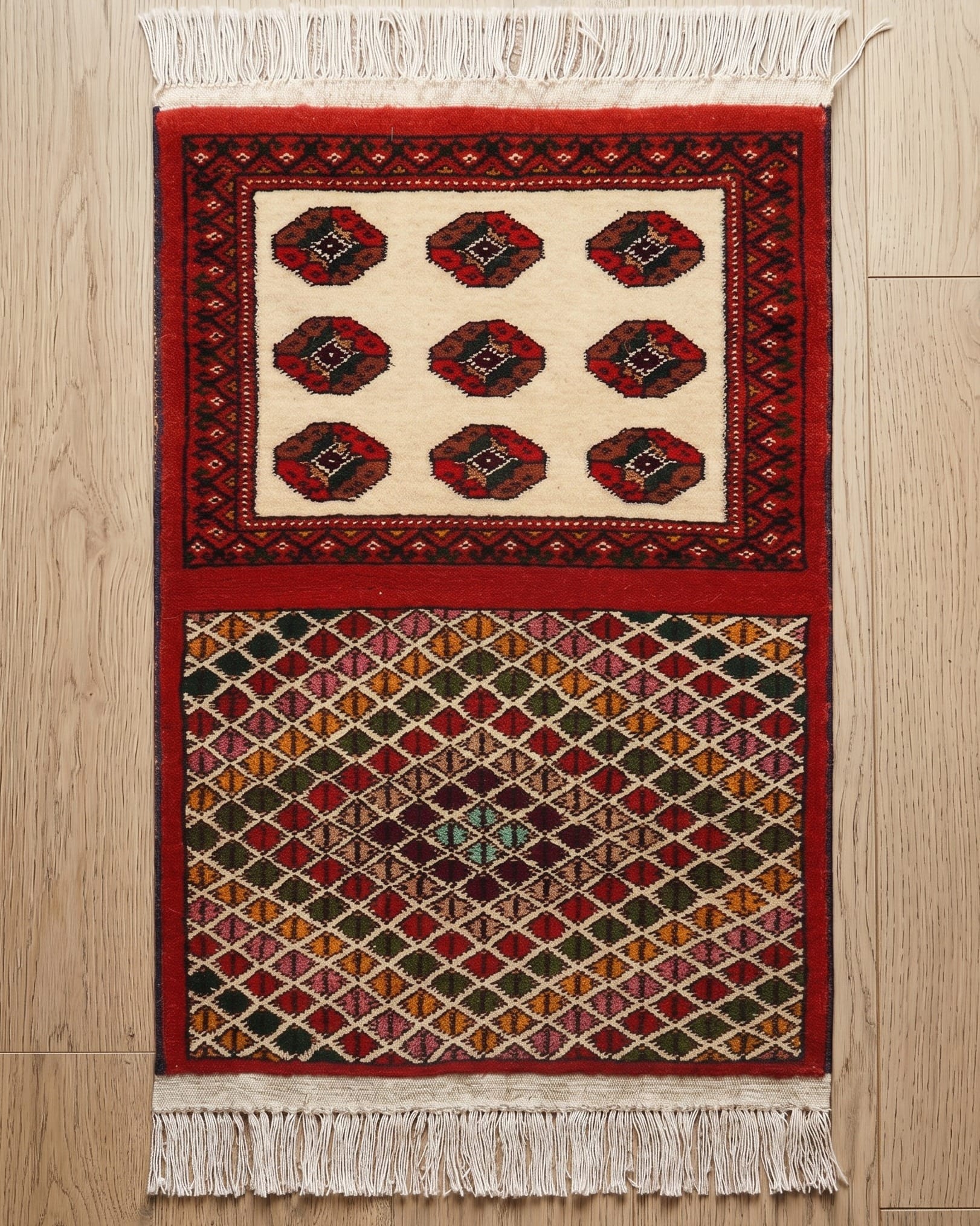 Handwoven Turkmen Home Design Rug in Cream, Red & Multicolor