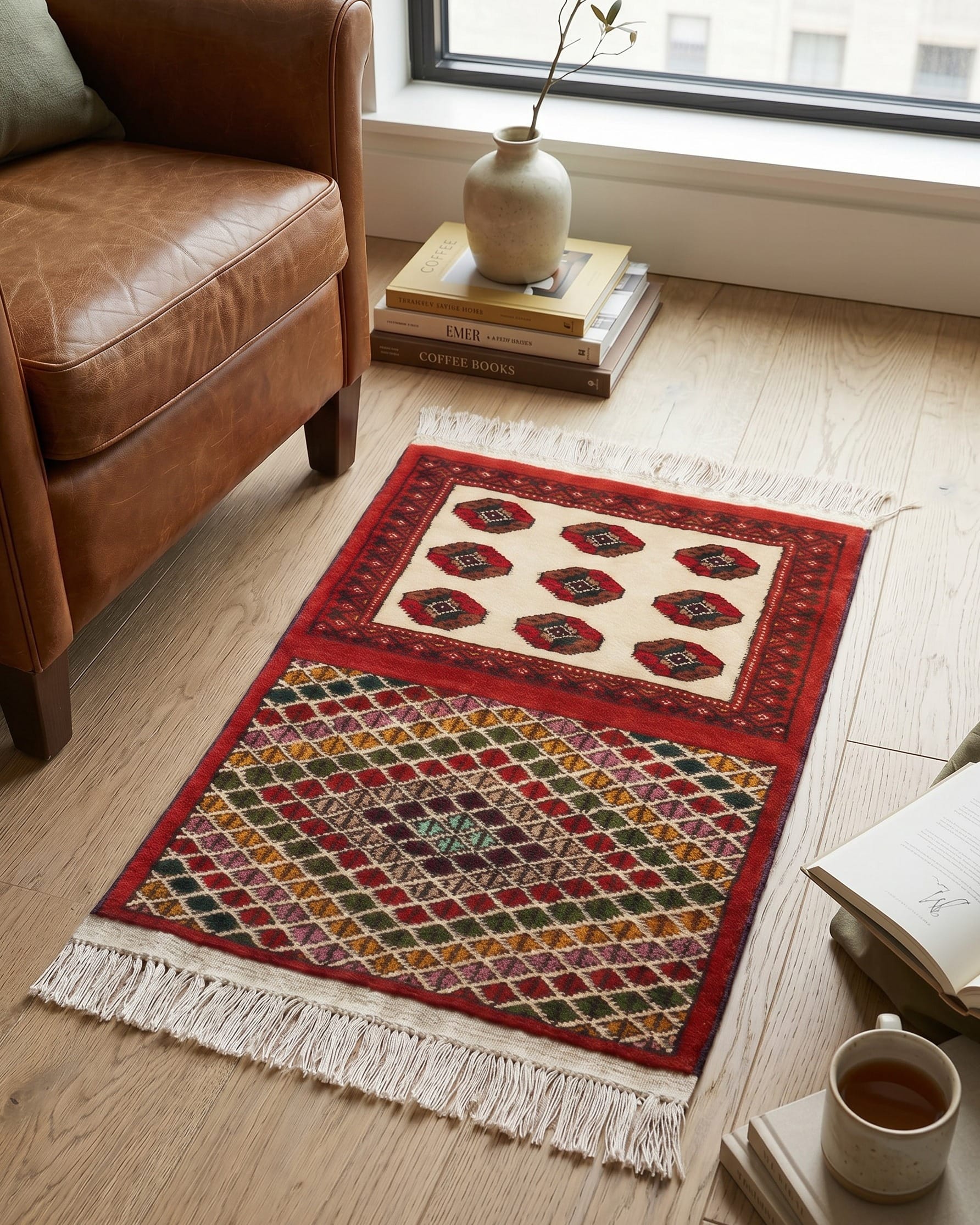Handwoven Turkmen Home Design Rug in Cream, Red & Multicolor