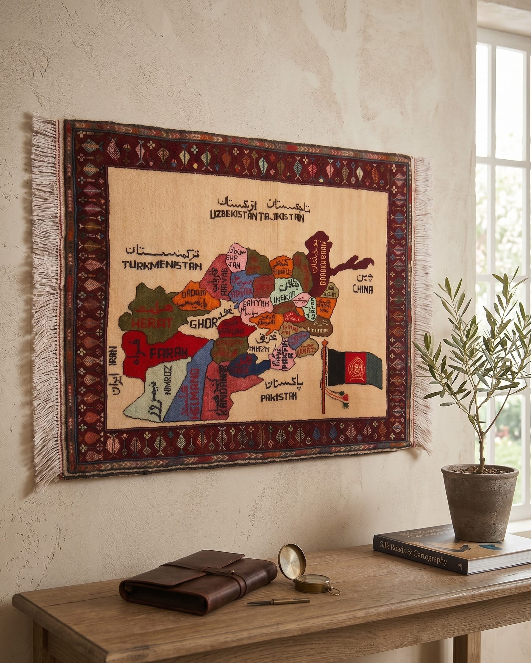 Handwoven Afghanistan Map Carpet Wall Hanging in Cream, Burgundy & Multicolor