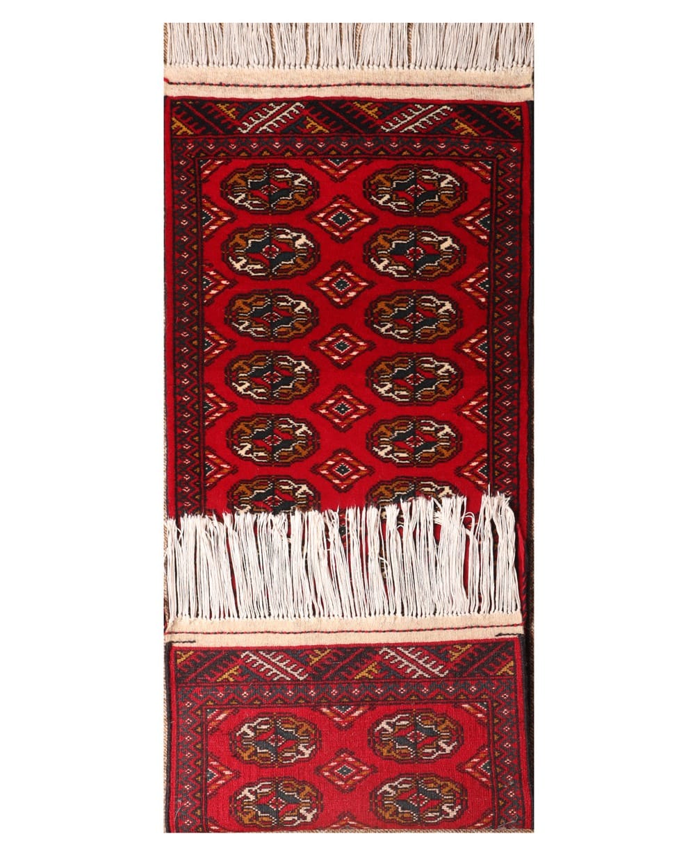 Handwoven Gul Mori Bed Runner Rug in Crimson Red, Black & Gold