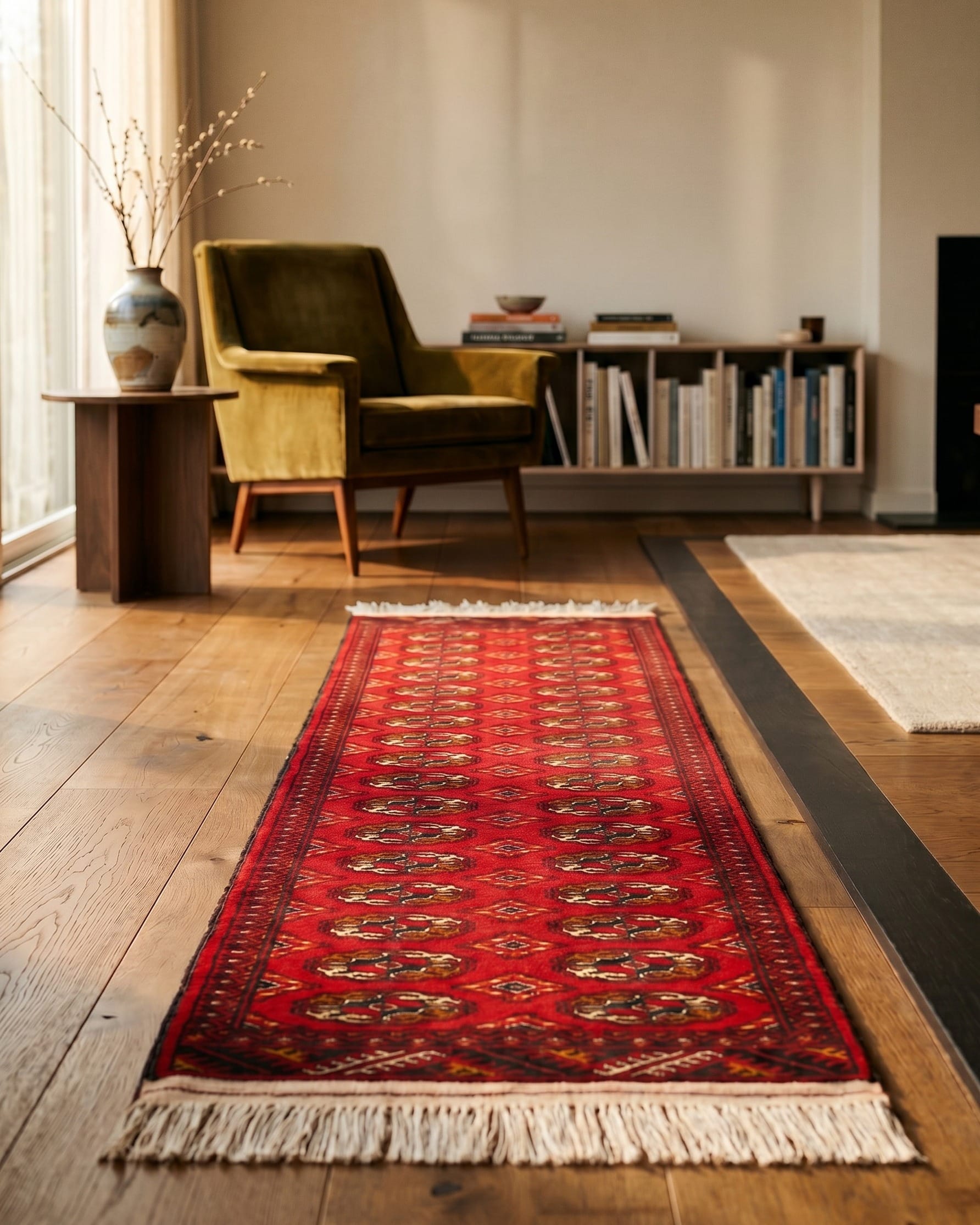 Handwoven Gul Mori Bed Runner Rug in Crimson Red, Black & Gold
