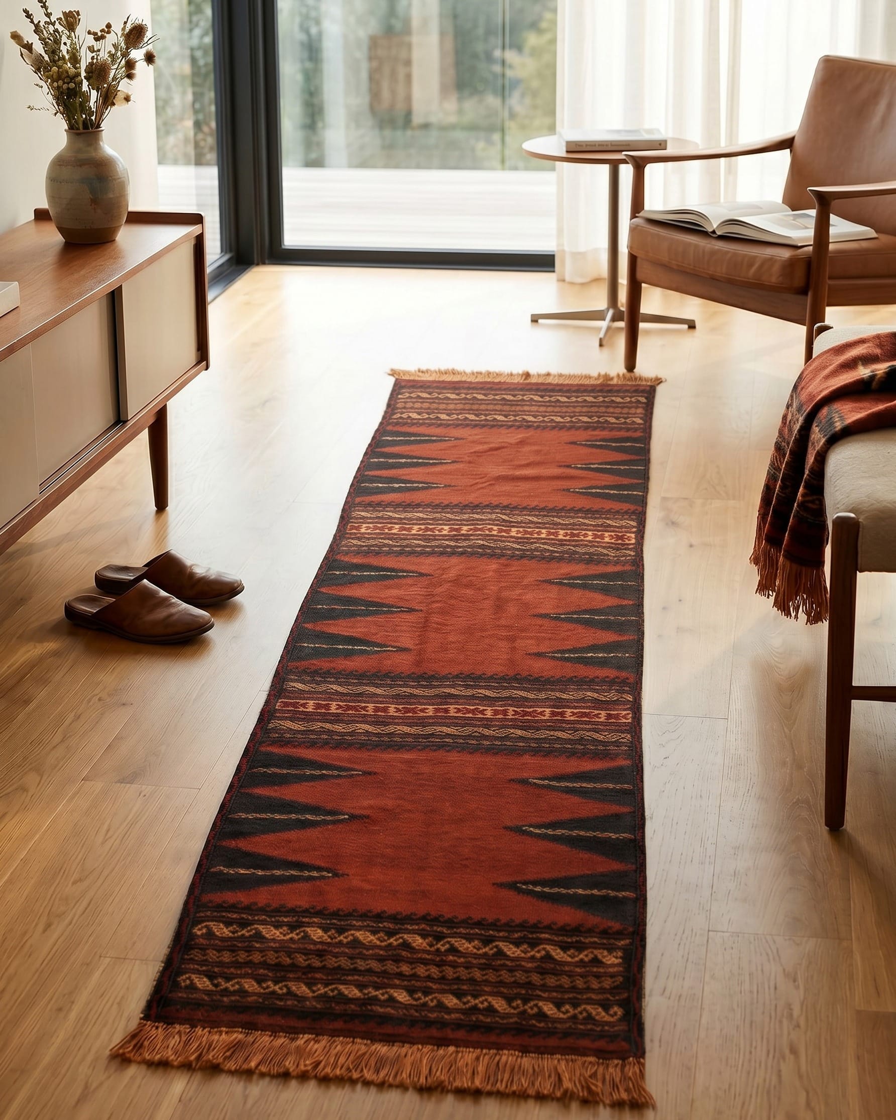 Handwoven Afghan Sofreh Kilim Red, Black & Gold