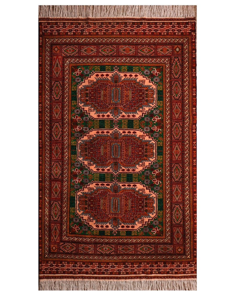 Handwoven Turkmen New Map Design Carpet in Green, Rust & Peach