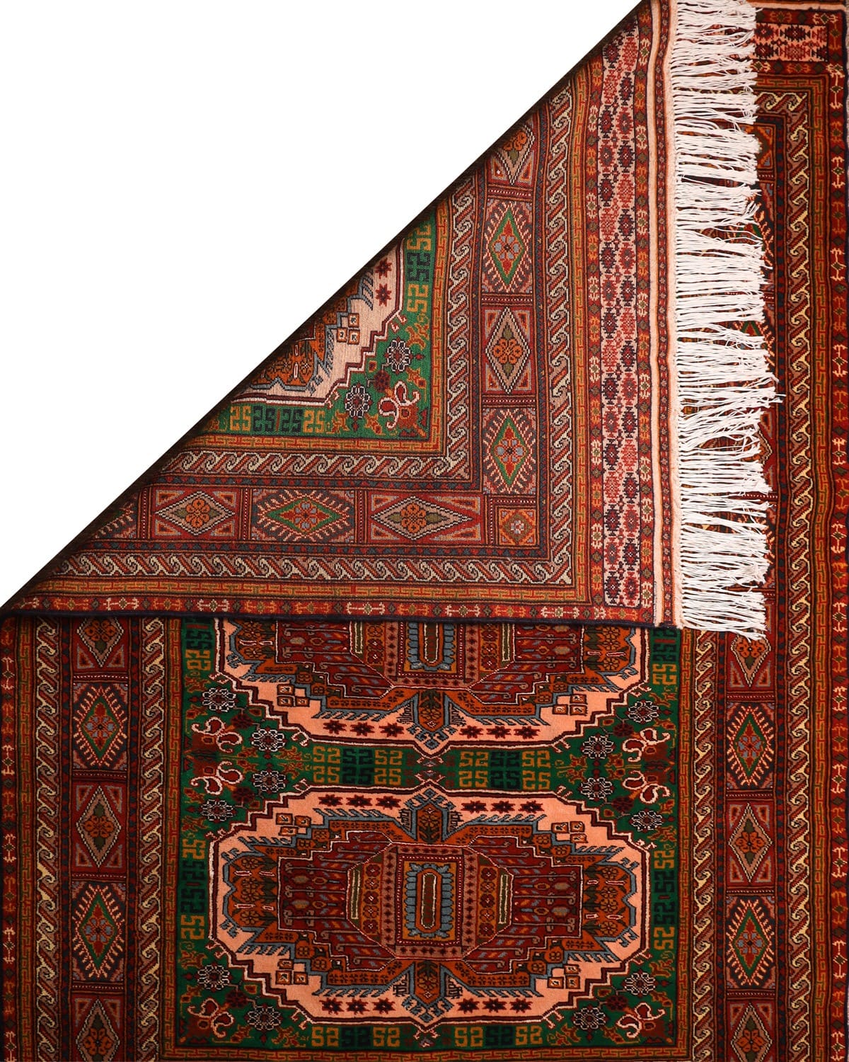 Handwoven Turkmen New Map Design Carpet in Green, Rust & Peach