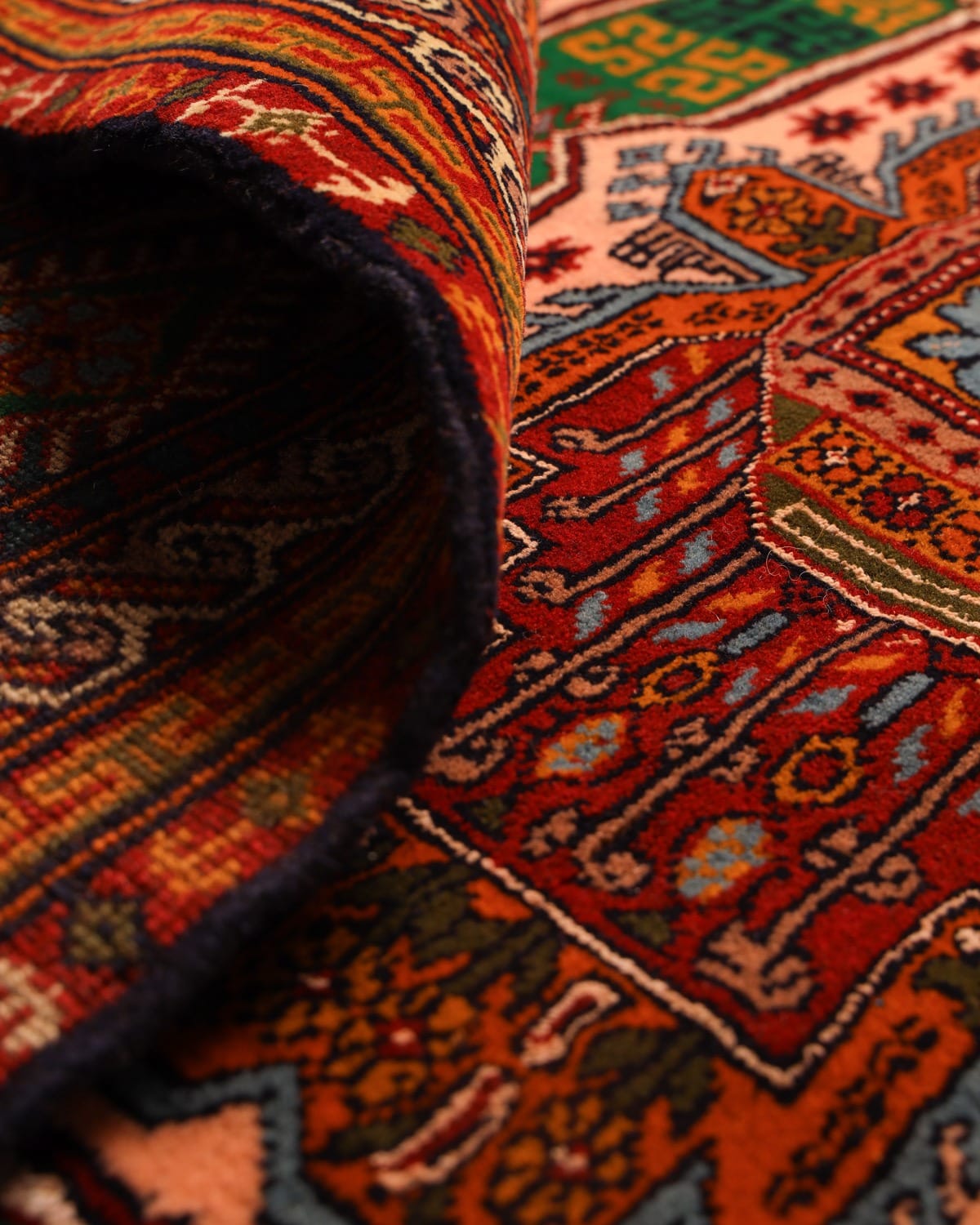 Handwoven Turkmen New Map Design Carpet in Green, Rust & Peach