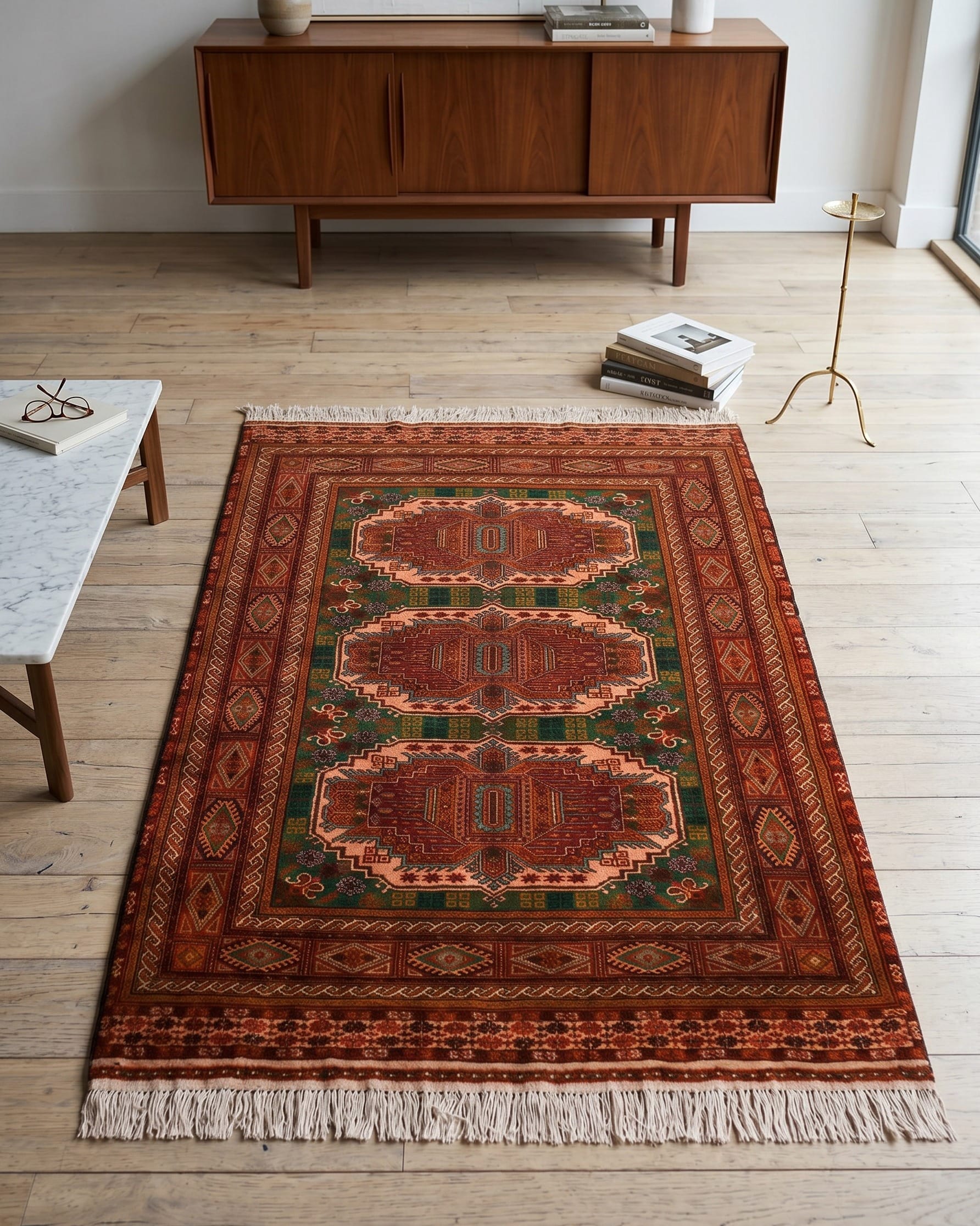 Handwoven Turkmen New Map Design Carpet in Green, Rust & Peach