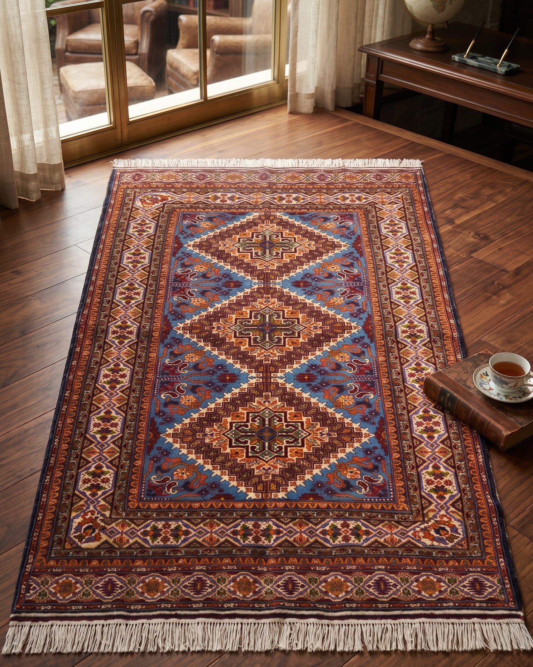 Handwoven Turkmen New Map Design Rug in Royal Blue, Ivory & Rust