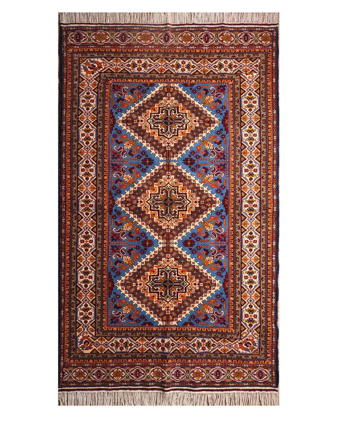 Handwoven Turkmen New Map Design Rug in Royal Blue, Ivory & Rust