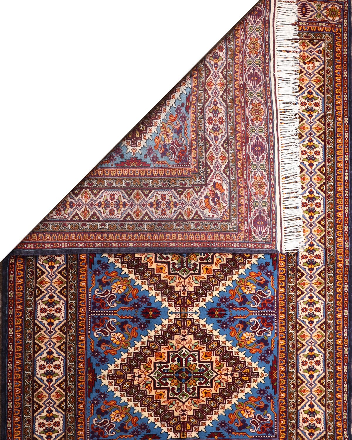 Handwoven Turkmen New Map Design Rug in Royal Blue, Ivory & Rust