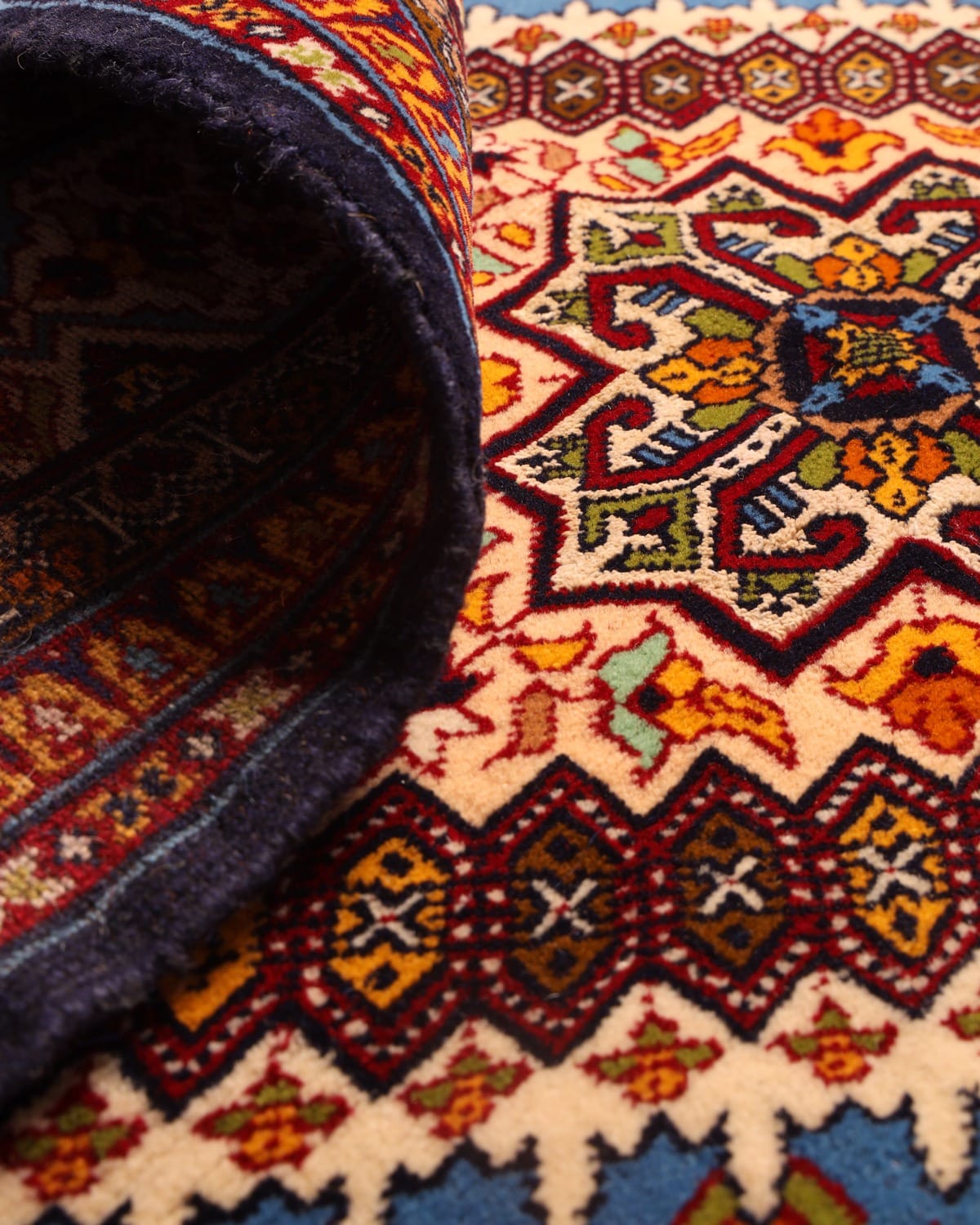 Handwoven Turkmen New Map Design Rug in Royal Blue, Ivory & Rust