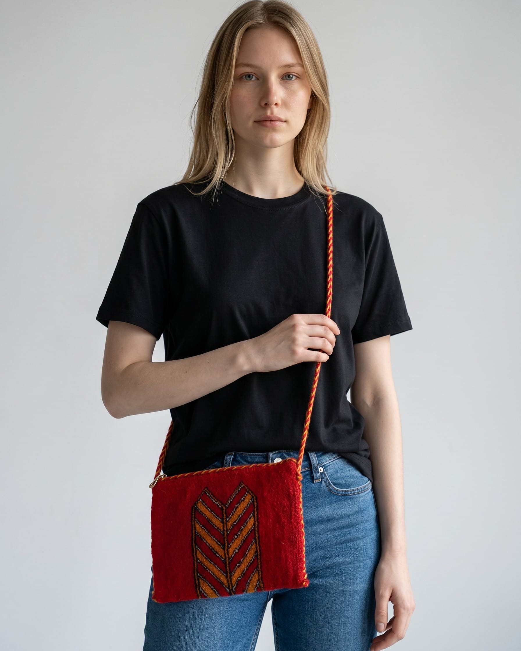 Handwoven Merino Shoulder Bag in Deep Red, Mustard Yellow & Black