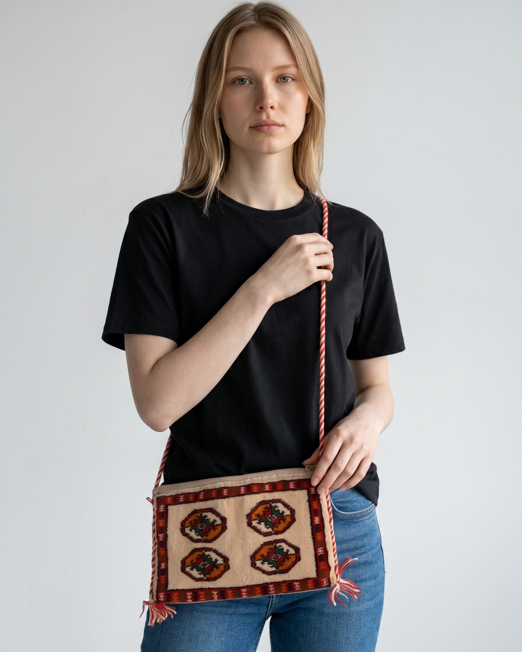 Handwoven Traditional Shoulder Bag in Ivory, Rust Orange & Red