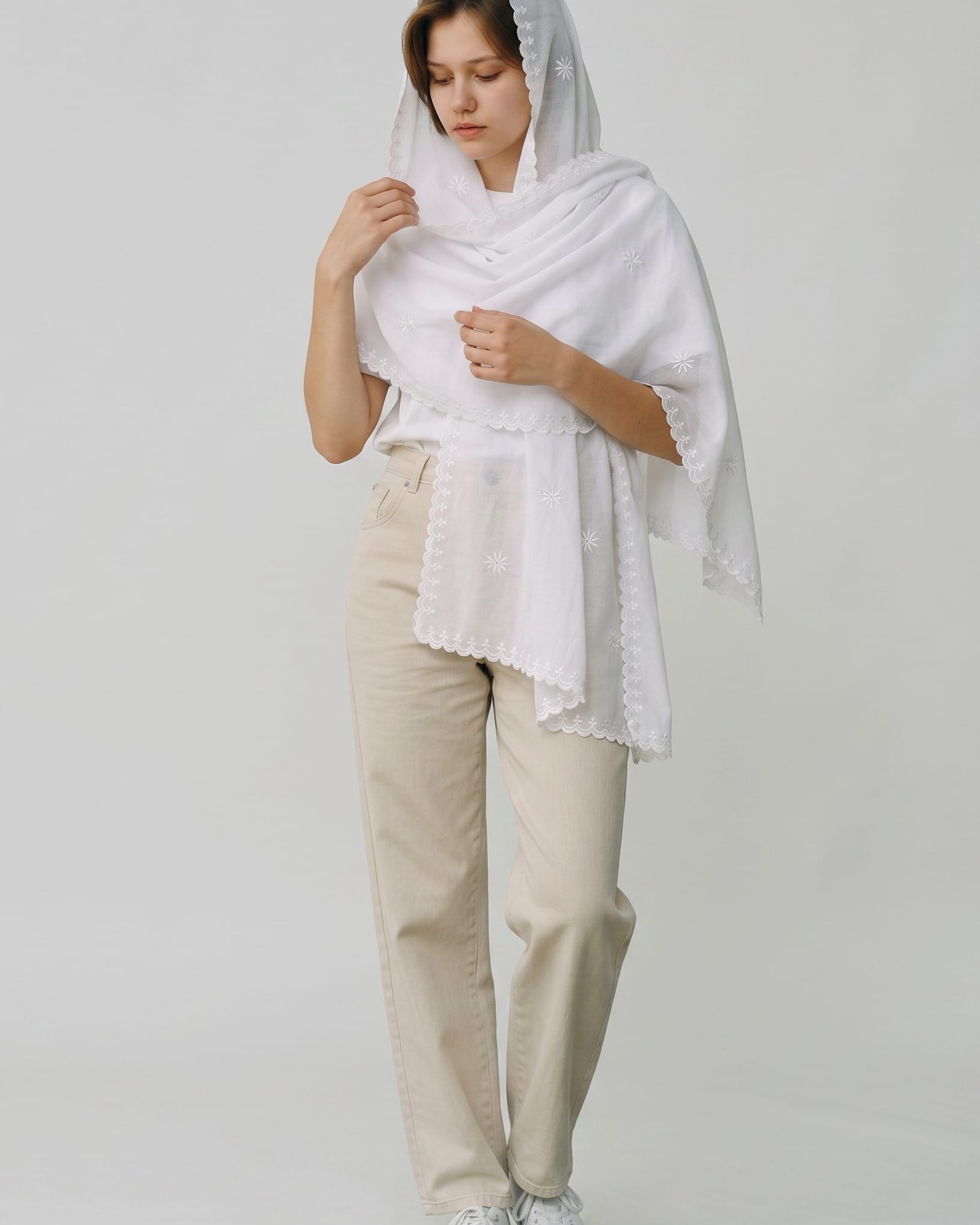 White Embroidered Mesh Shawl