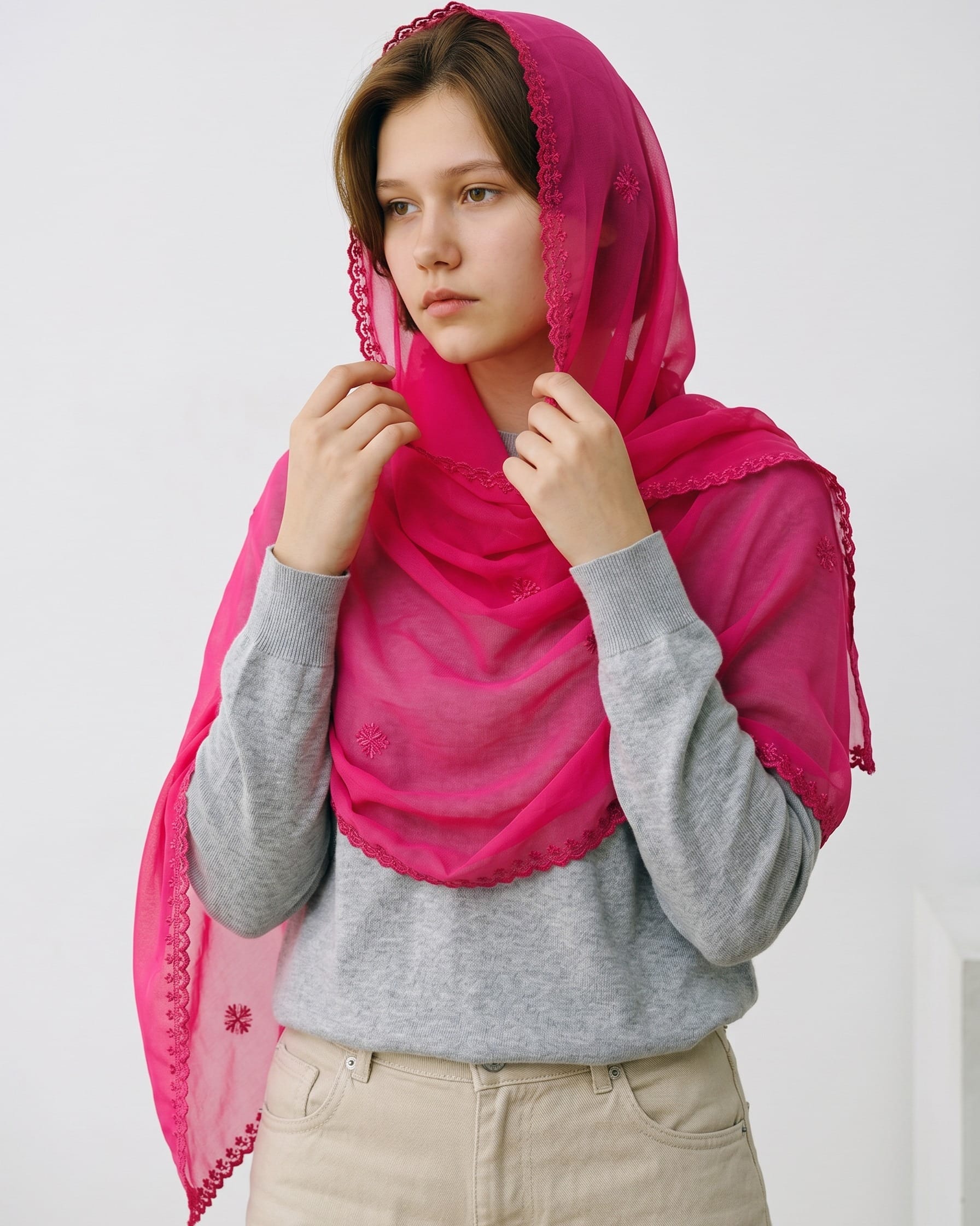 Pink Embroidered Mesh Shawl