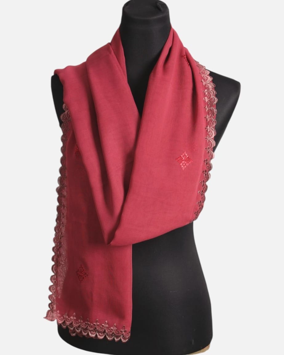 Maroon Embroidered net/Mesh Shawl