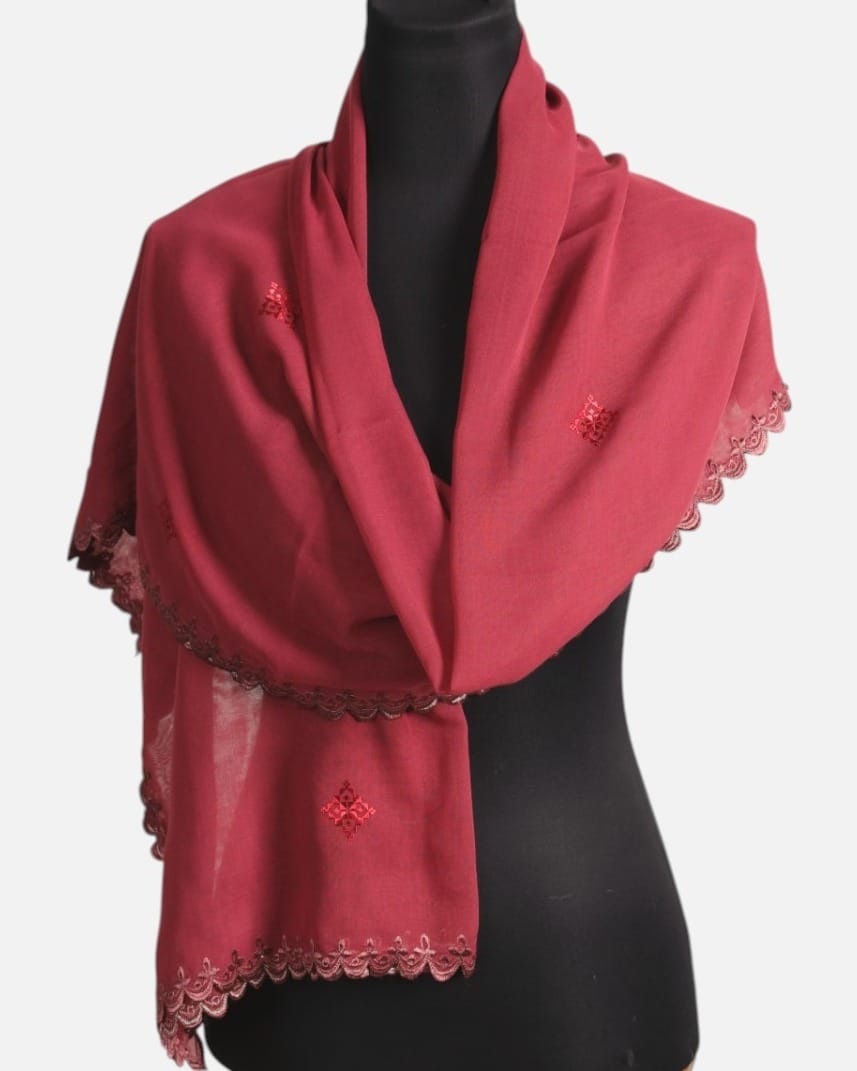 Maroon Embroidered net/Mesh Shawl