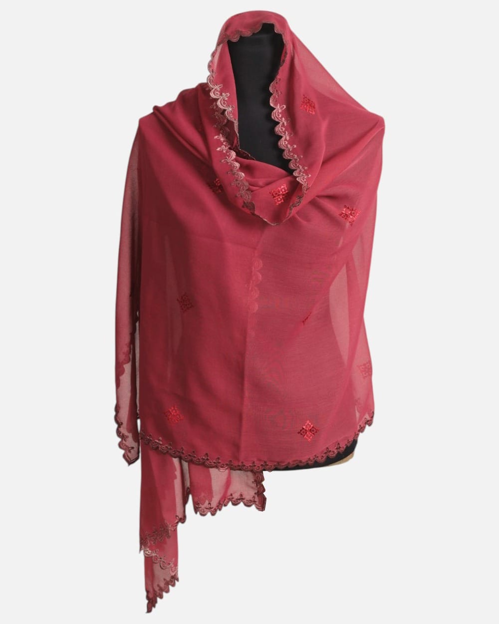 Maroon Embroidered net/Mesh Shawl
