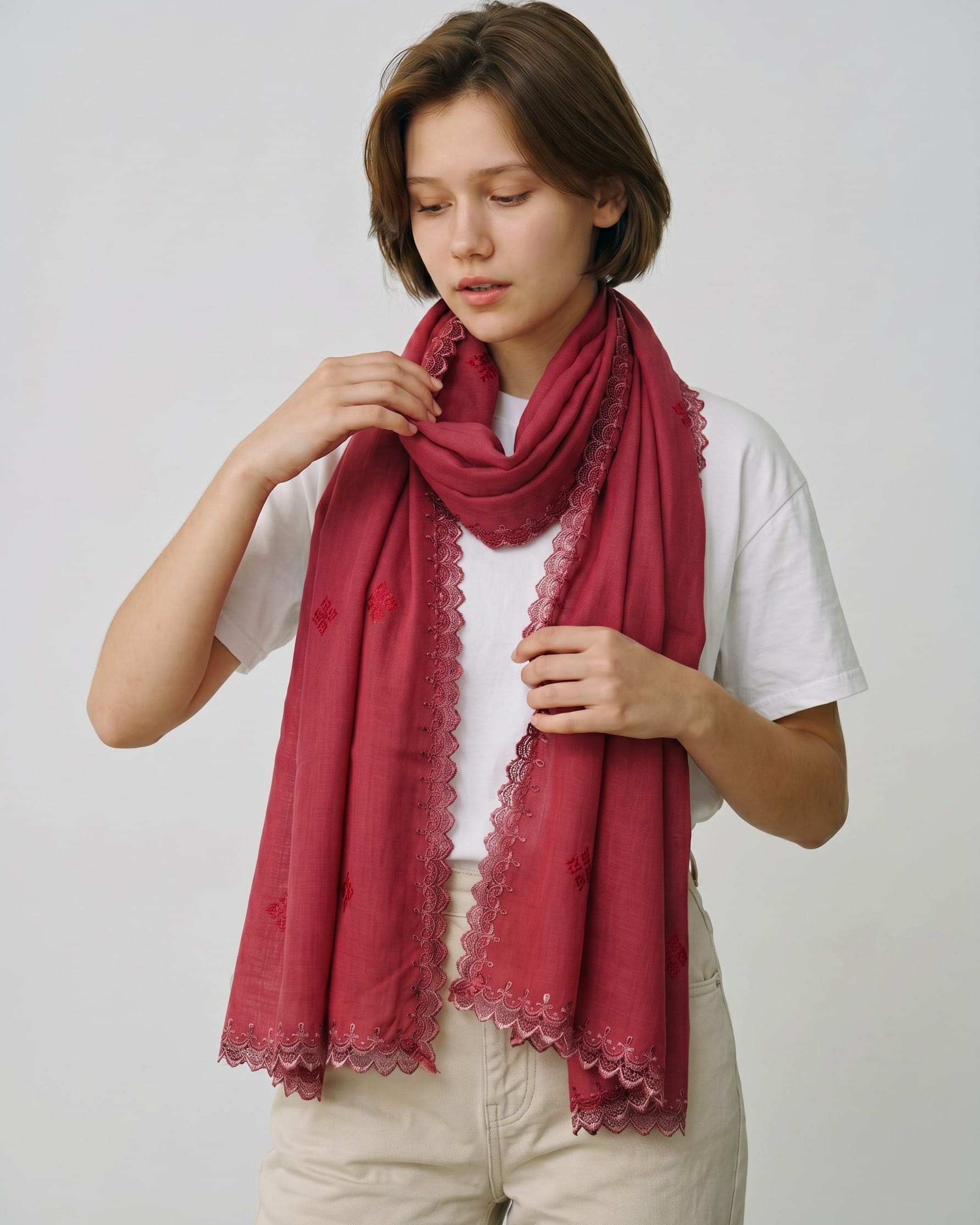 Maroon Embroidered net/Mesh Shawl