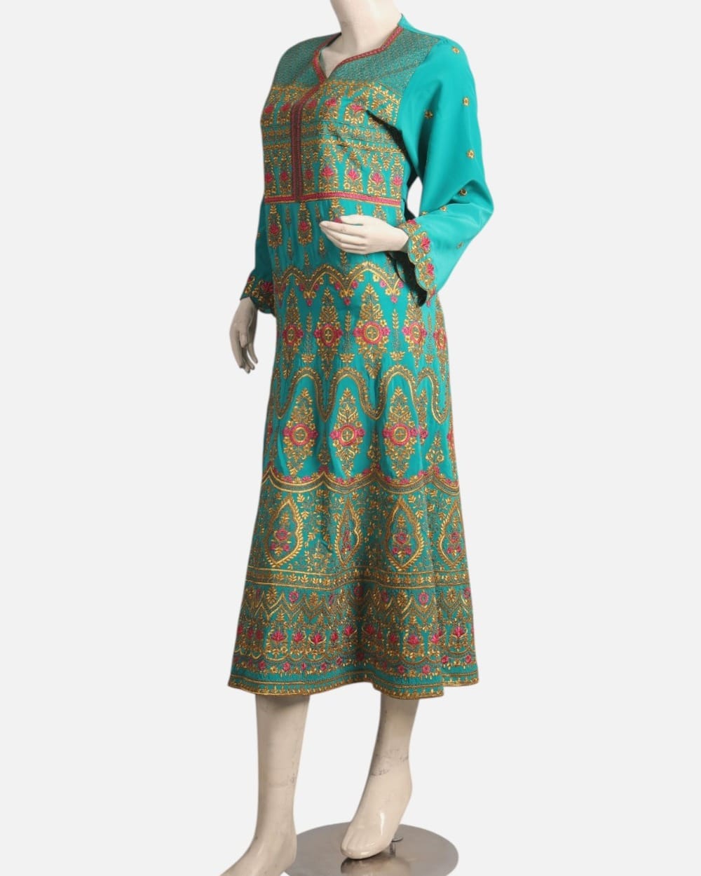 Turquoise Blue Afghan Gand Dress with Gold & Pink Embroidery