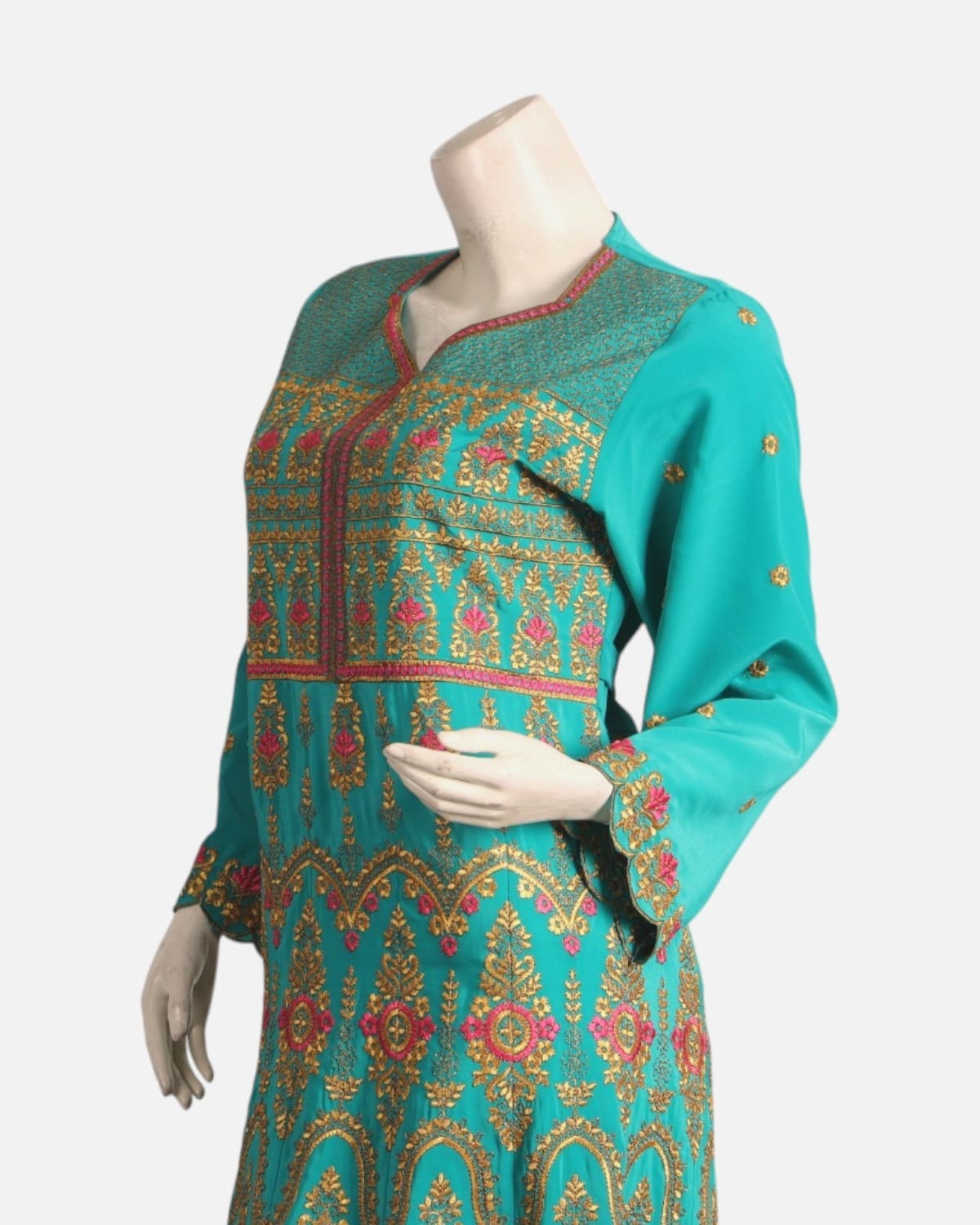Turquoise Blue Afghan Gand Dress with Gold & Pink Embroidery