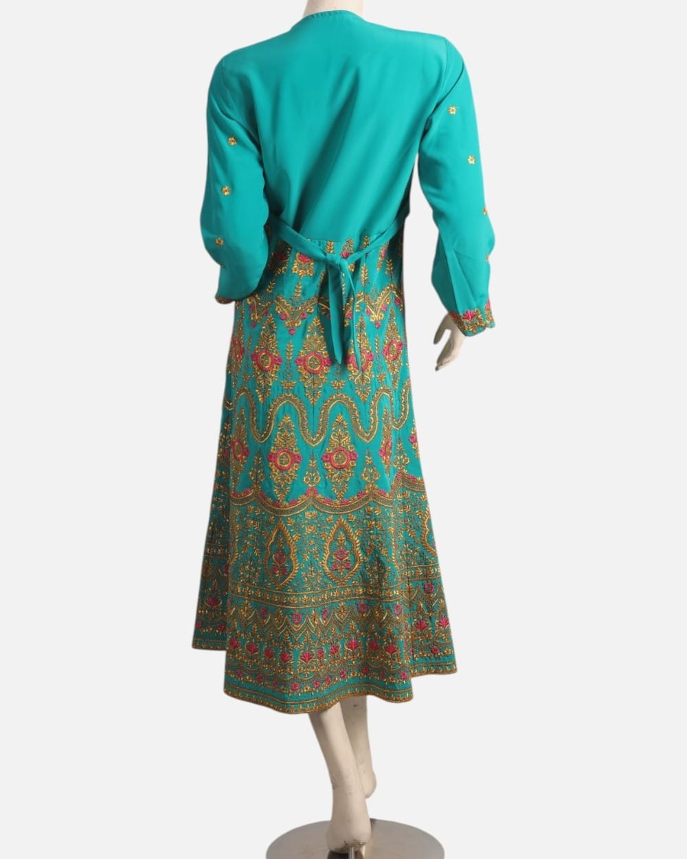 Turquoise Blue Afghan Gand Dress with Gold & Pink Embroidery