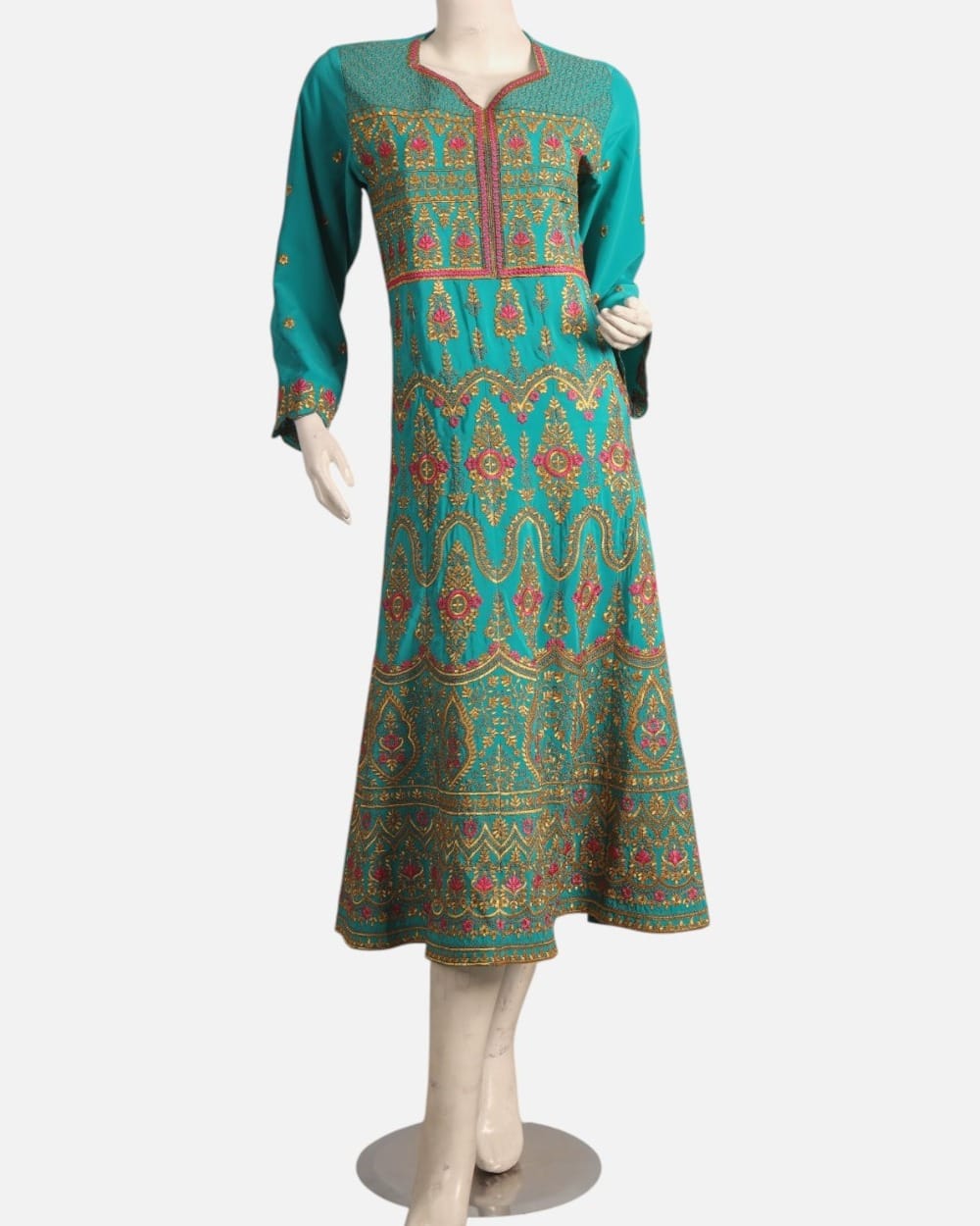 Turquoise Blue Afghan Gand Dress with Gold & Pink Embroidery