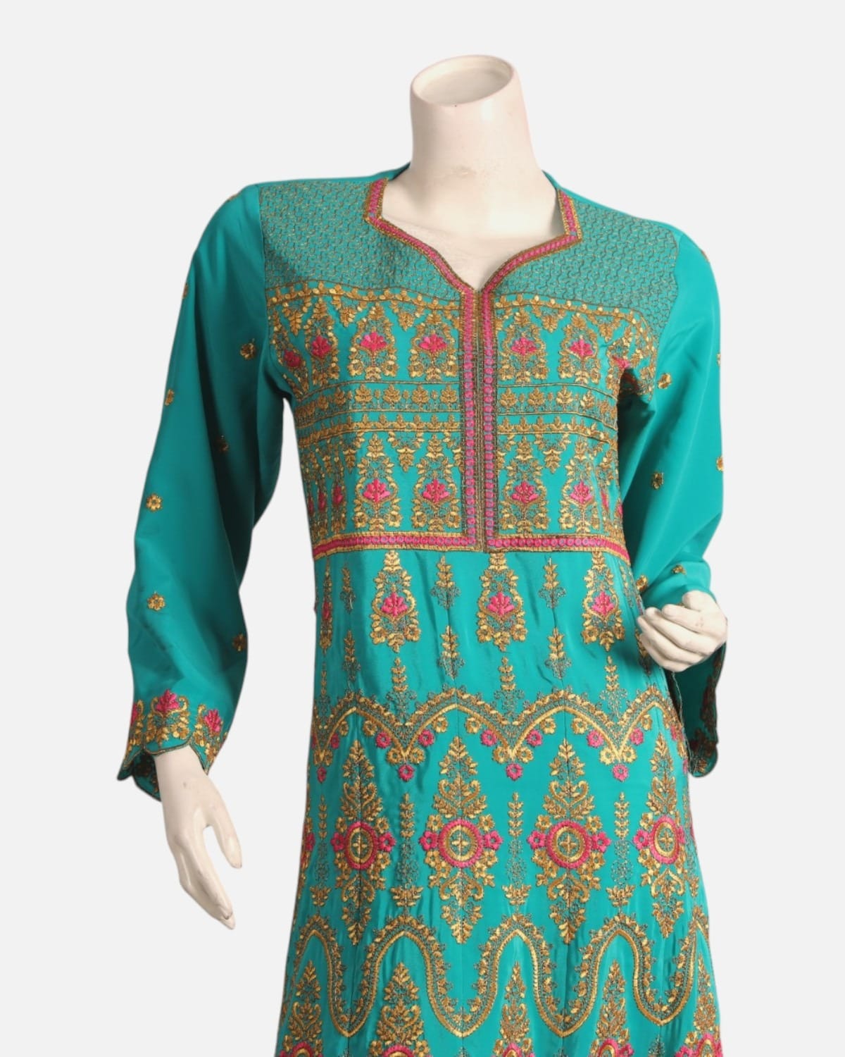 Turquoise Blue Afghan Gand Dress with Gold & Pink Embroidery