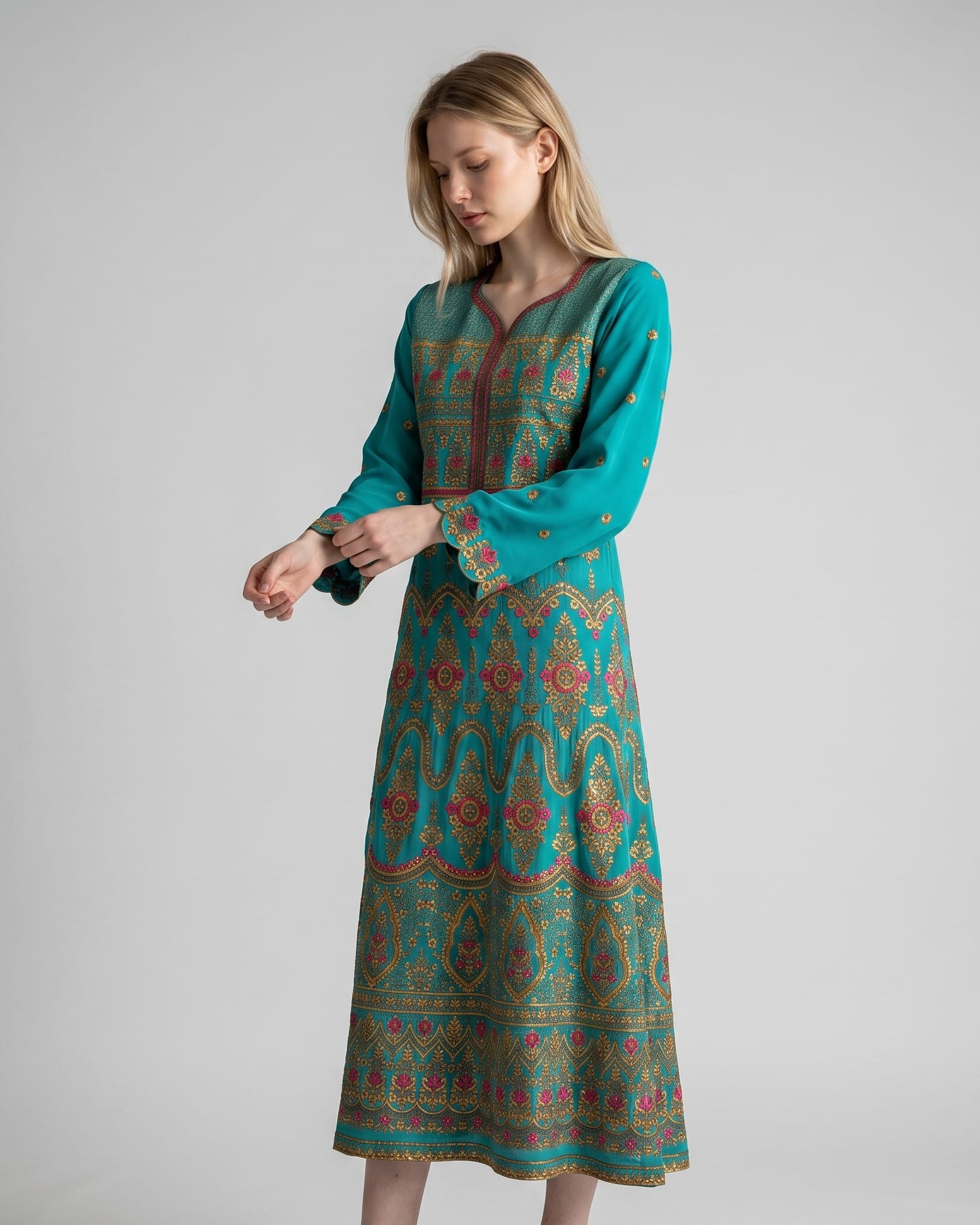 Turquoise Blue Afghan Gand Dress with Gold & Pink Embroidery