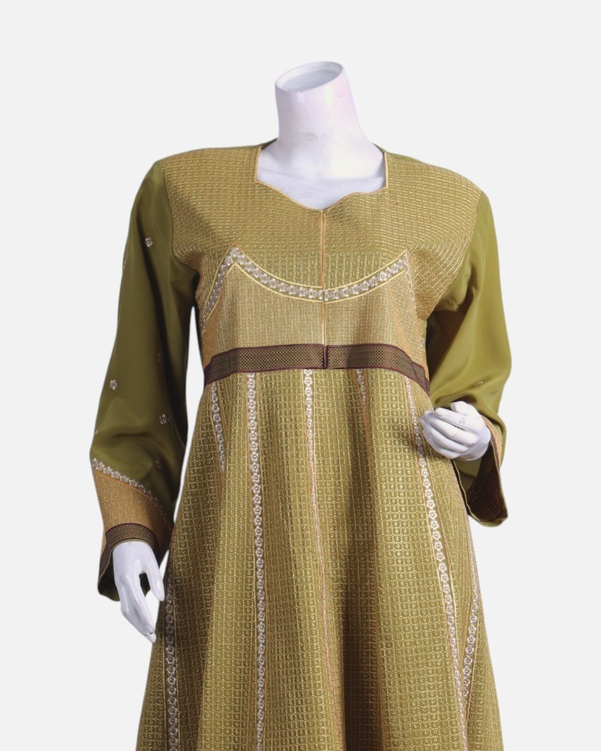 Olive Green Afghan Gand Dress with Gold Embroidery