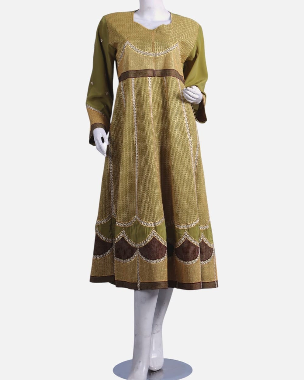 Olive Green Afghan Gand Dress with Gold Embroidery
