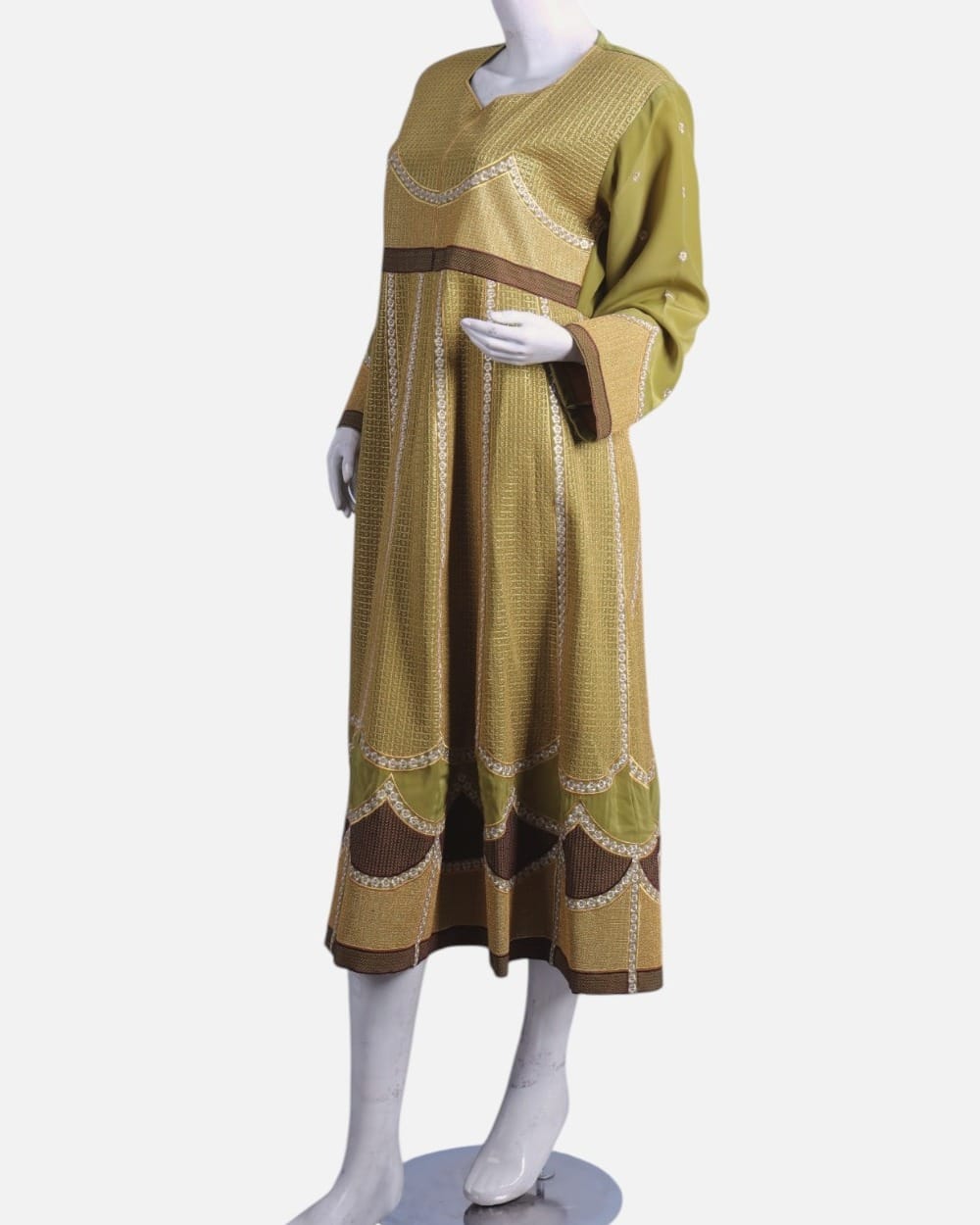 Olive Green Afghan Gand Dress with Gold Embroidery