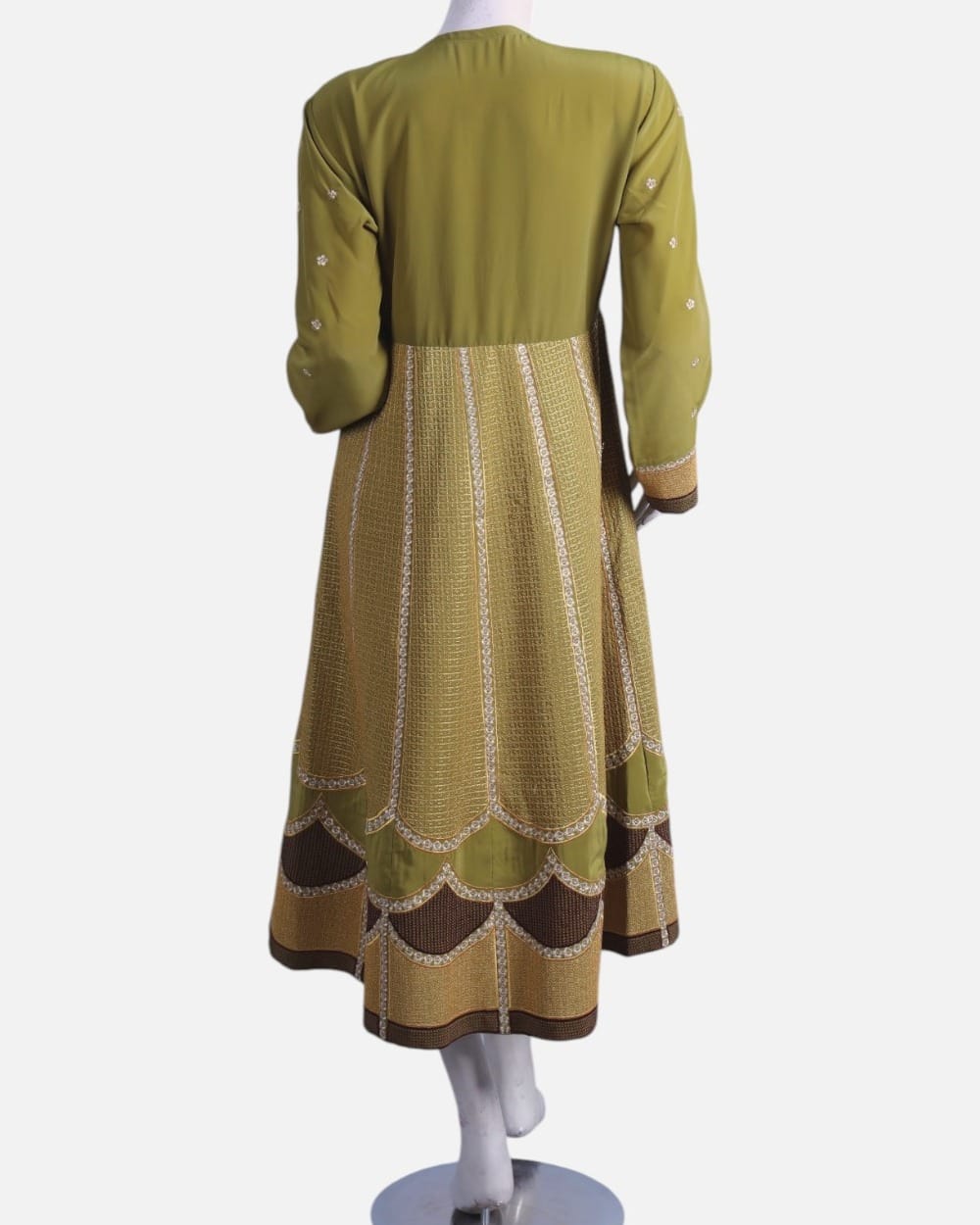 Olive Green Afghan Gand Dress with Gold Embroidery