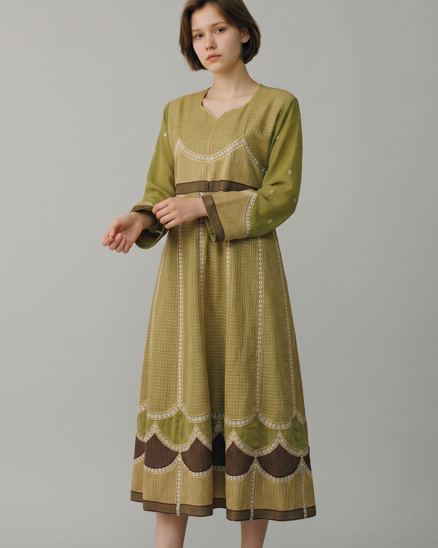 Olive Green Afghan Gand Dress with Gold Embroidery