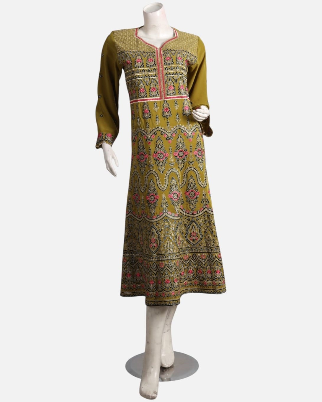 Olive Green Afghan Gand Dress with Pink & Black Embroidery