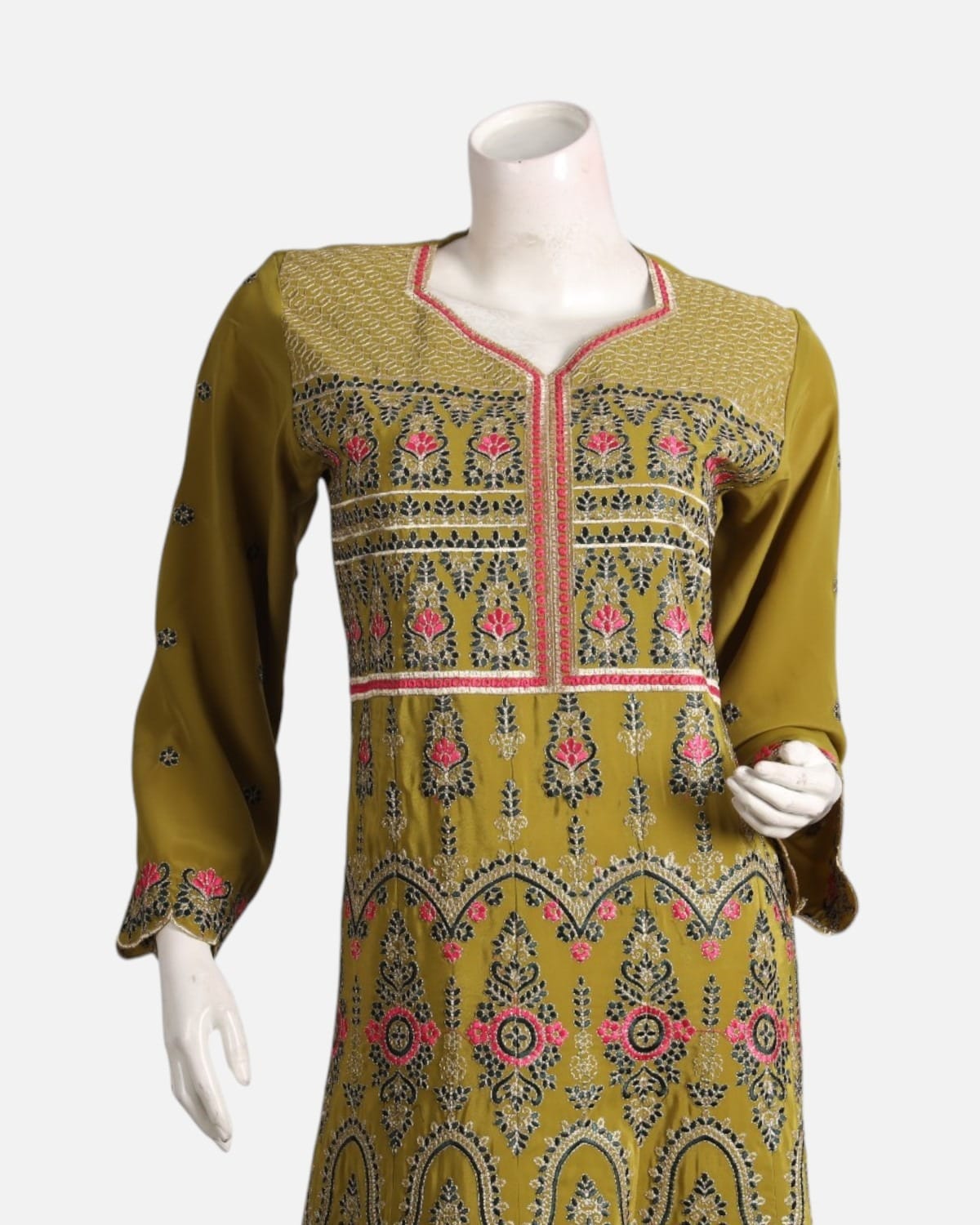 Olive Green Afghan Gand Dress with Pink & Black Embroidery
