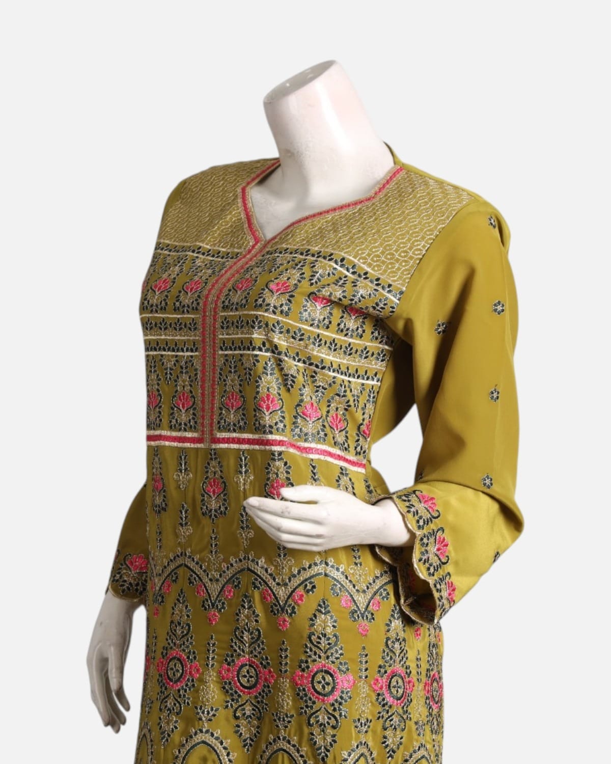 Olive Green Afghan Gand Dress with Pink & Black Embroidery