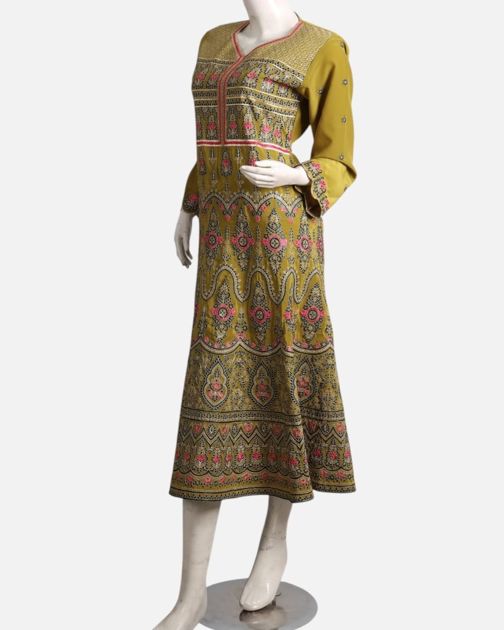 Olive Green Afghan Gand Dress with Pink & Black Embroidery