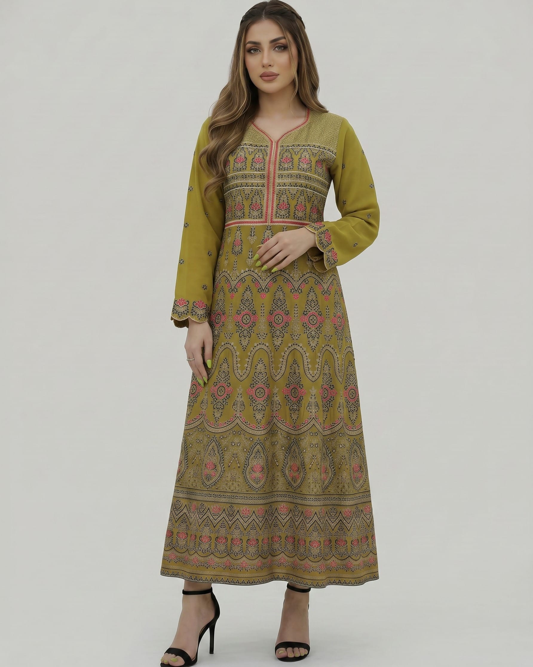 Olive Green Afghan Gand Dress with Pink & Black Embroidery