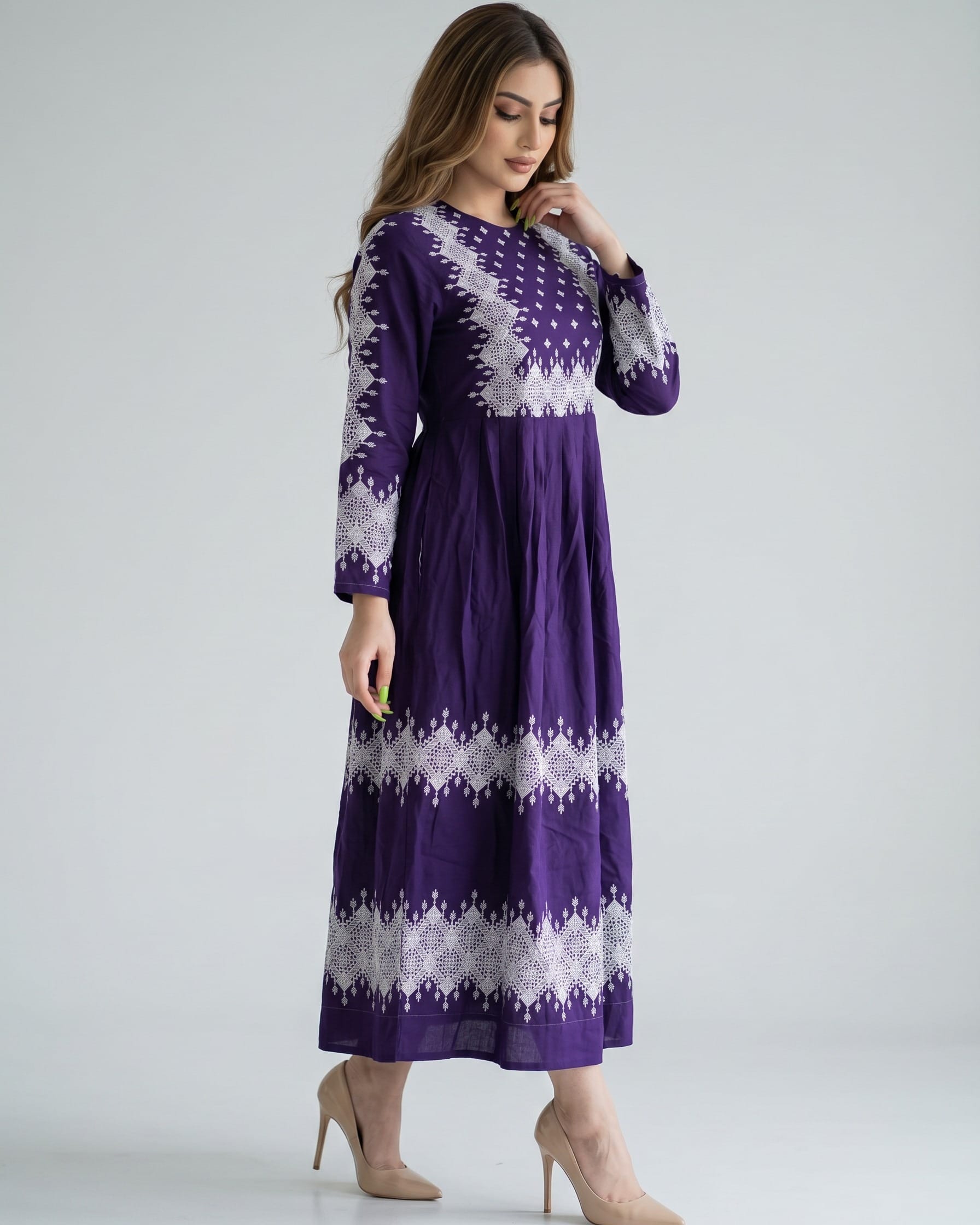 Purple Khamak Embroidered Long Dress