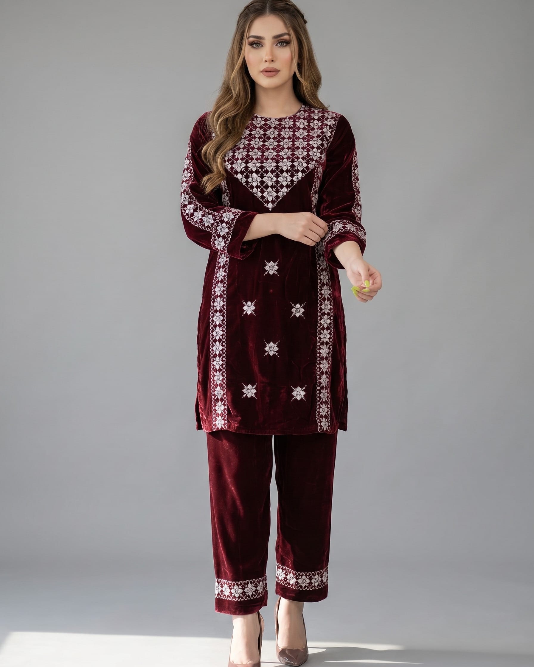 Maroon Velvet Embroidered Punjabi Suit